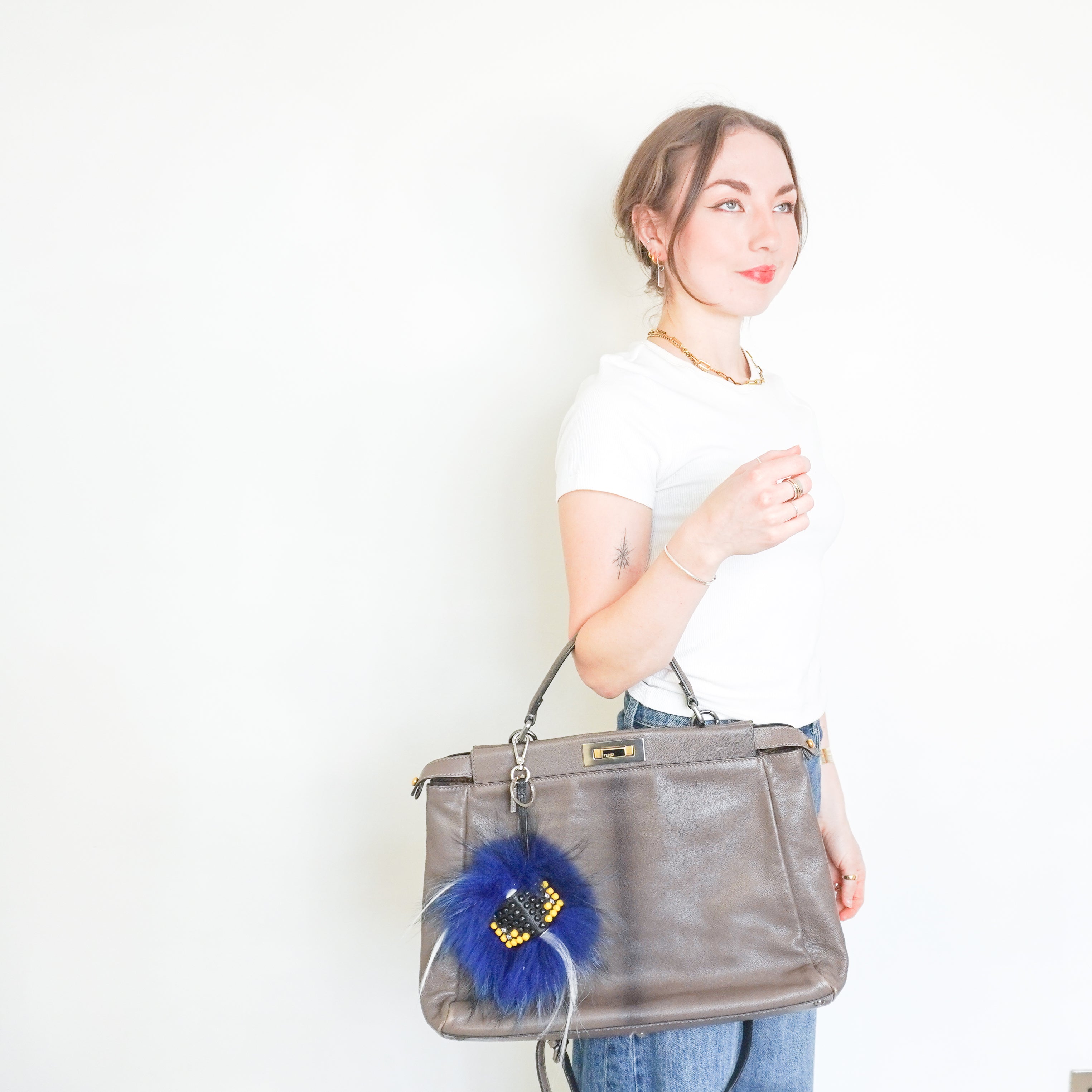 Fendi Peekaboo Large Taupe Leather Satchel Bag with Charm (RRP £3500) | Authentic Preloved