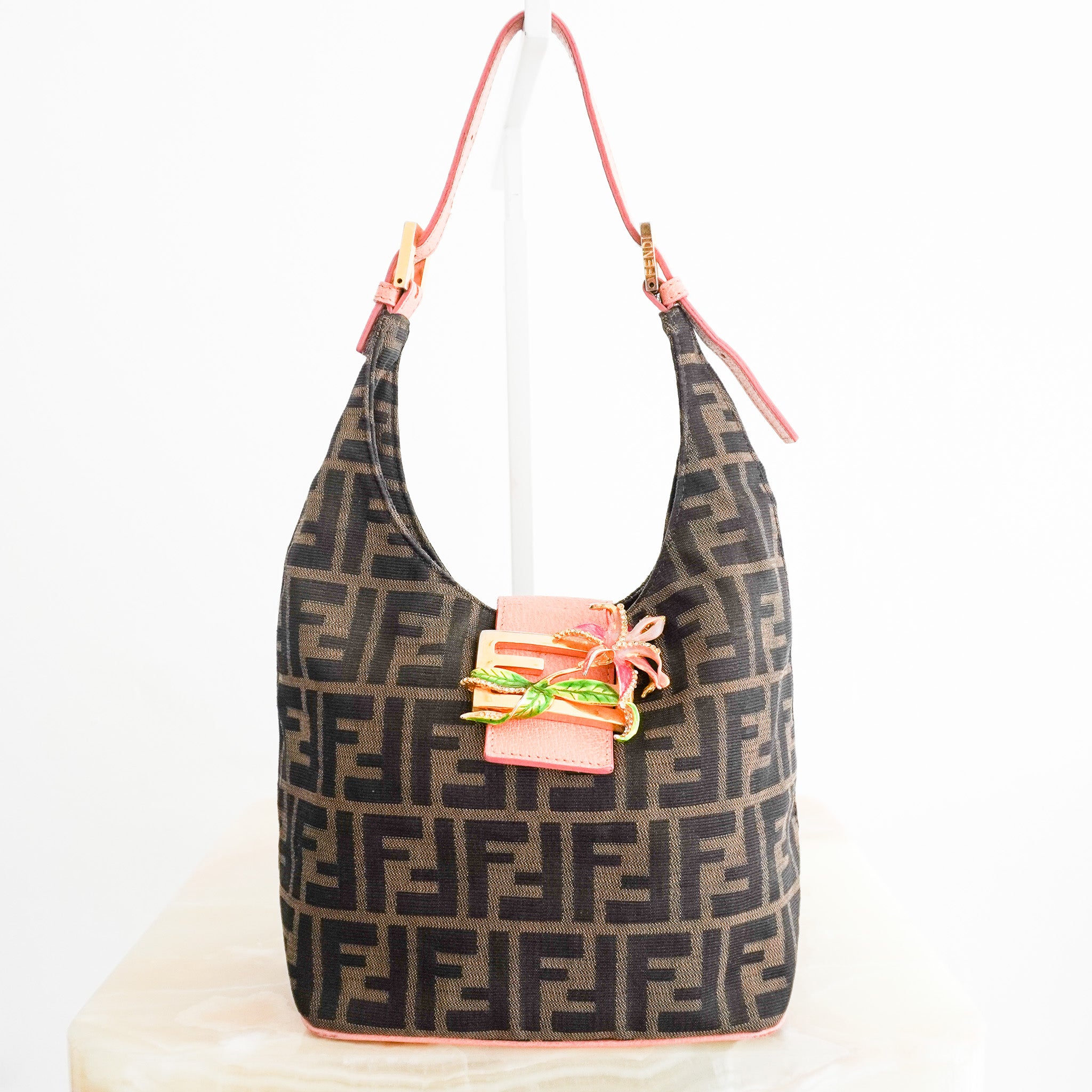 Fendi Round Flap Baguette Zucca Canvas Bag with Crystal Flower Buckle North South RRP (£2,200) | Authentic Preloved - Reloved Again