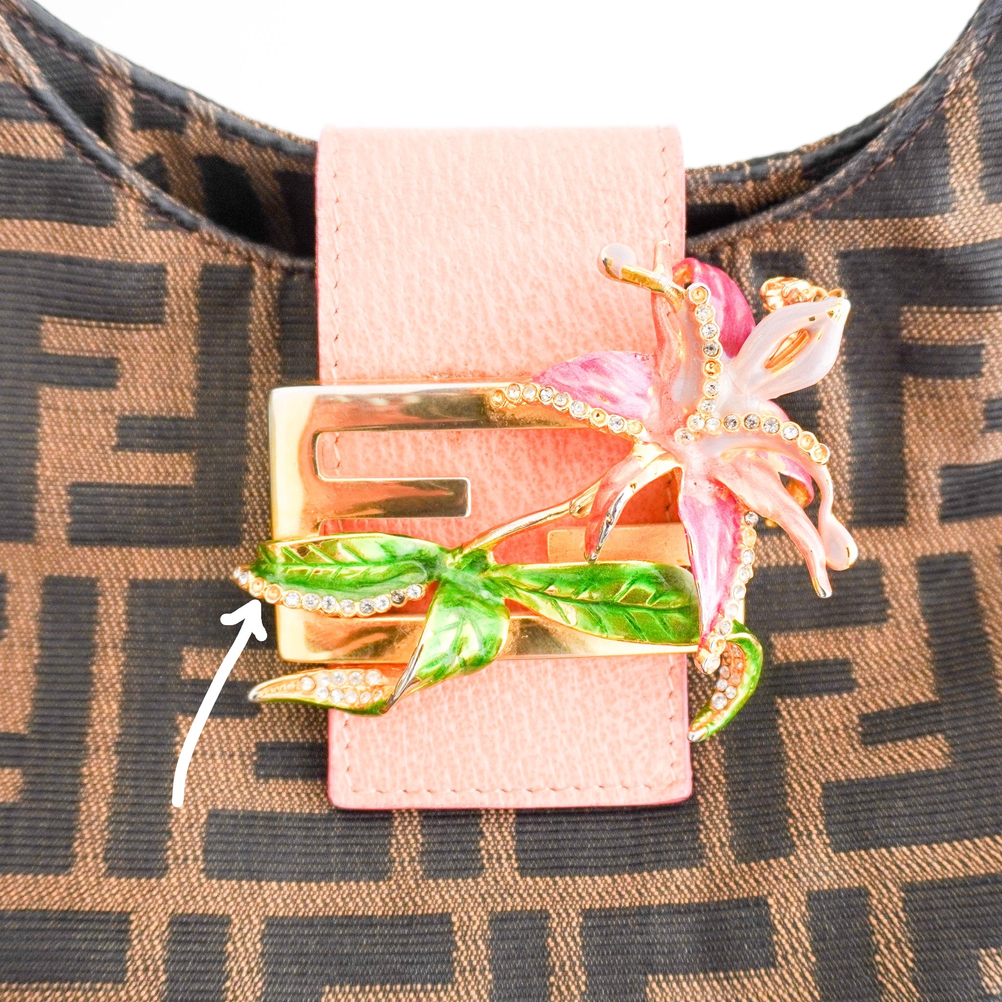 Fendi Round Flap Baguette Zucca Canvas Bag with Crystal Flower Buckle North South RRP (£2,200) | Authentic Preloved - Reloved Again