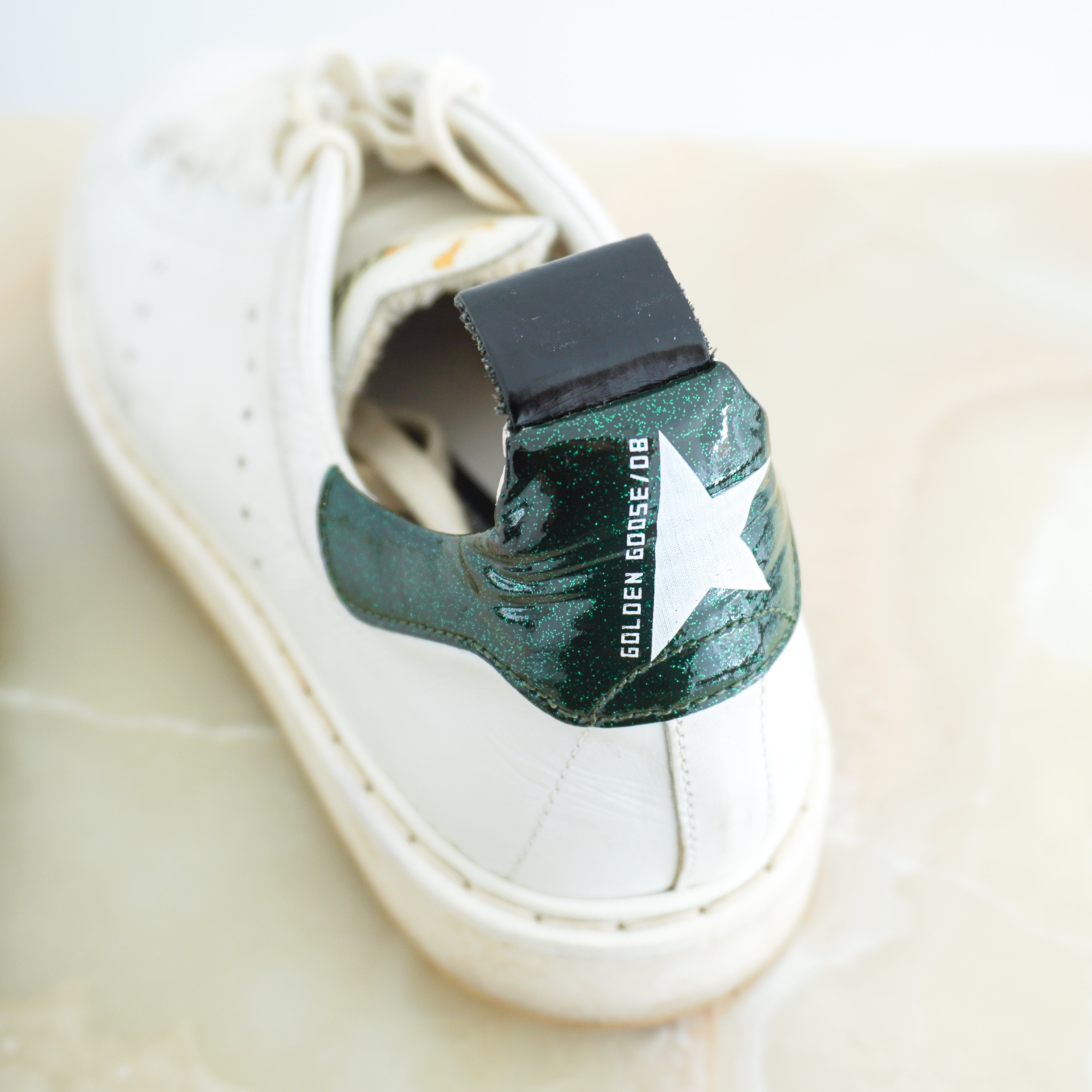 Golden Goose Starter White Leather Trainers Green Glitter Heel RRP £470 | Authentic Preloved