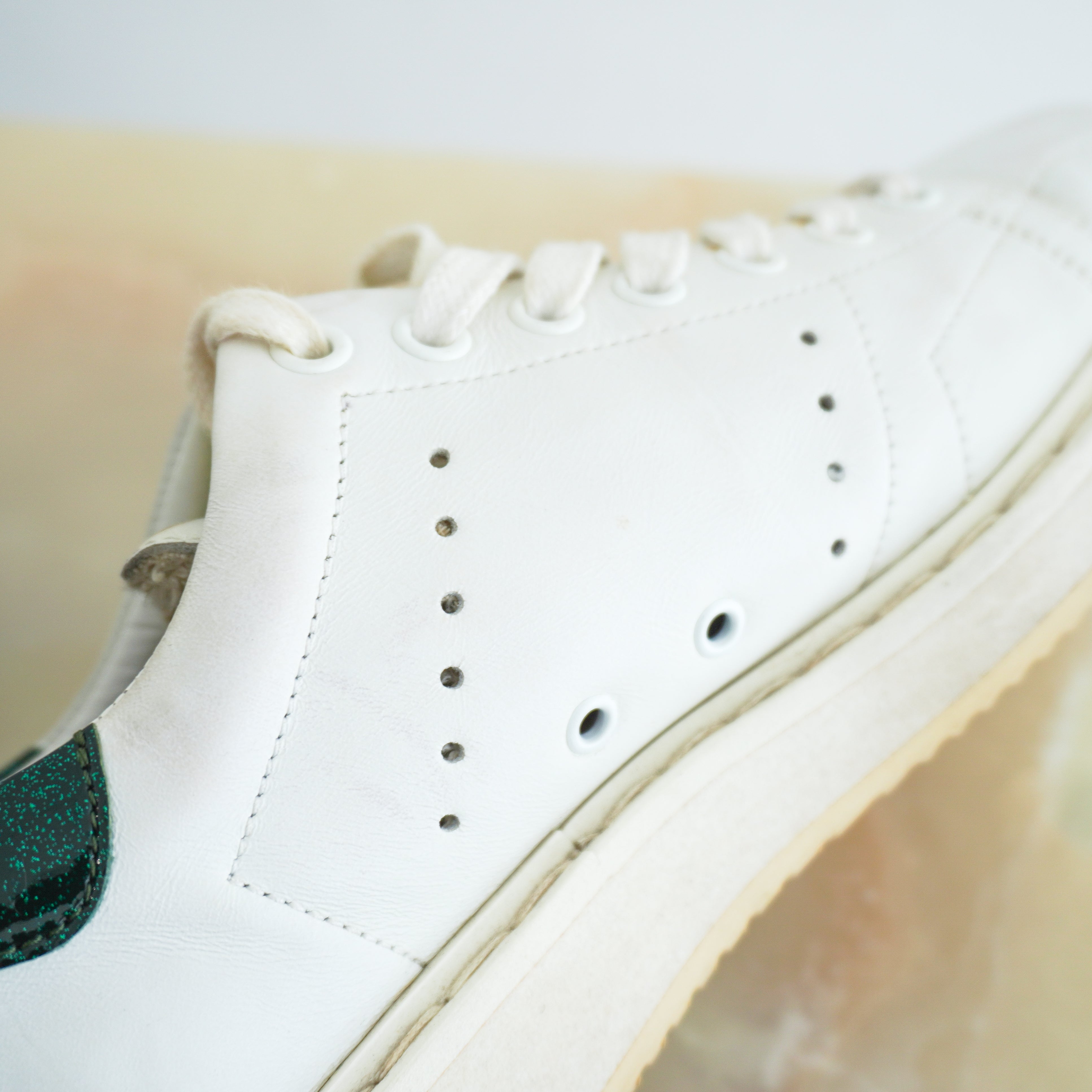 Golden Goose Starter White Leather Trainers Green Glitter Heel RRP £470 | Authentic Preloved