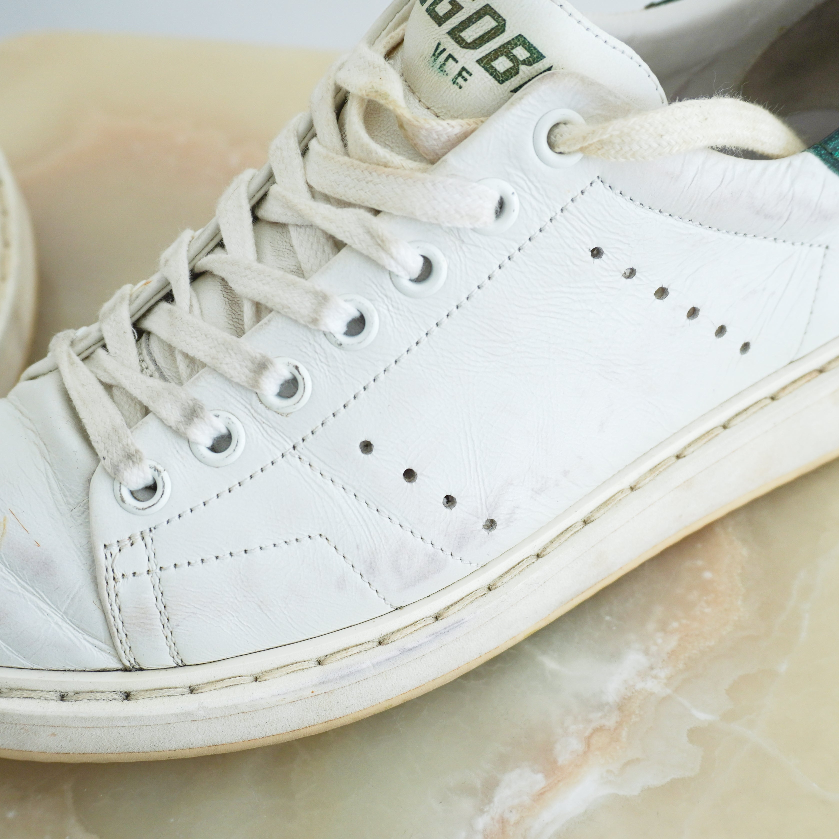 Golden Goose Starter White Leather Trainers Green Glitter Heel RRP £470 | Authentic Preloved