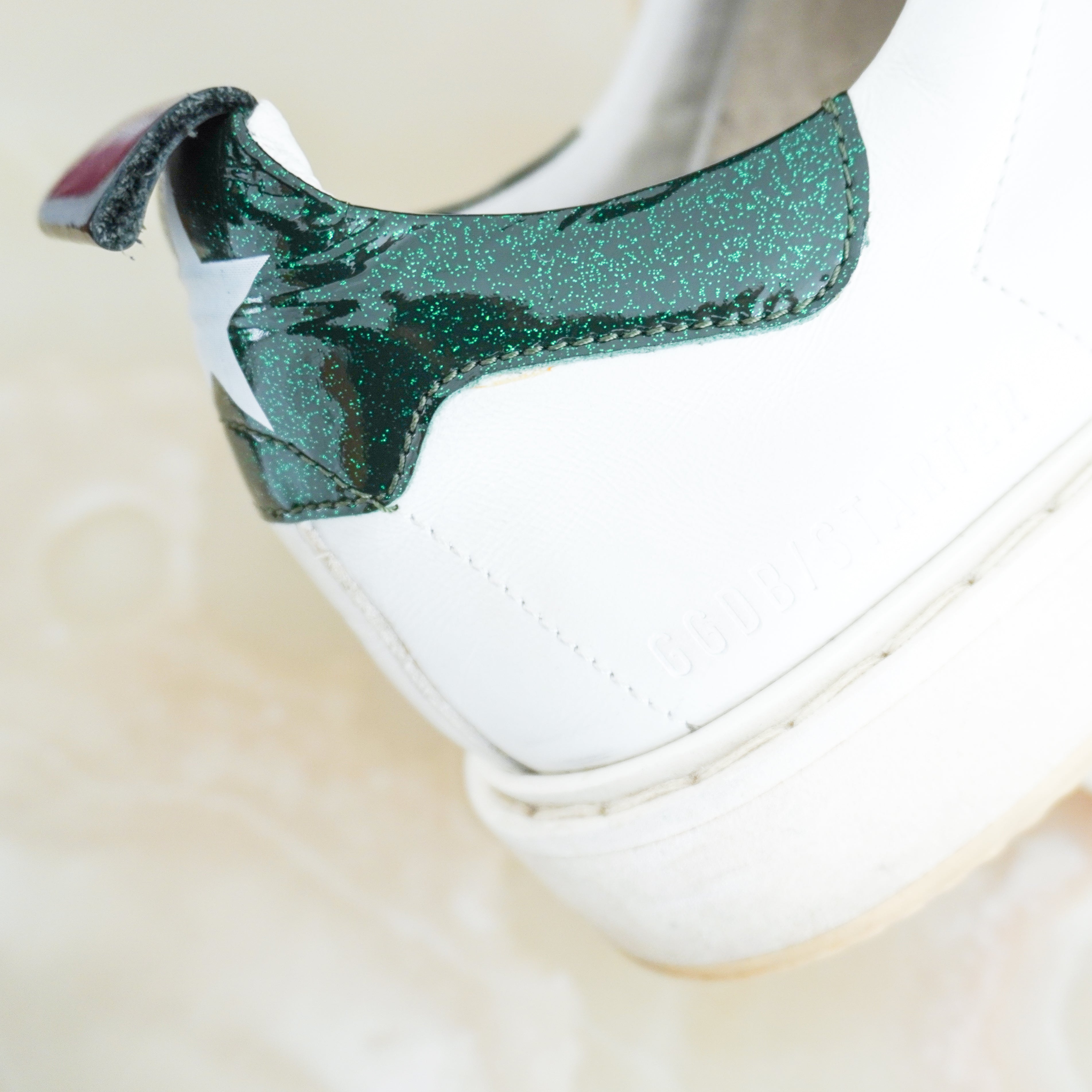Golden Goose Starter White Leather Trainers Green Glitter Heel RRP £470 | Authentic Preloved