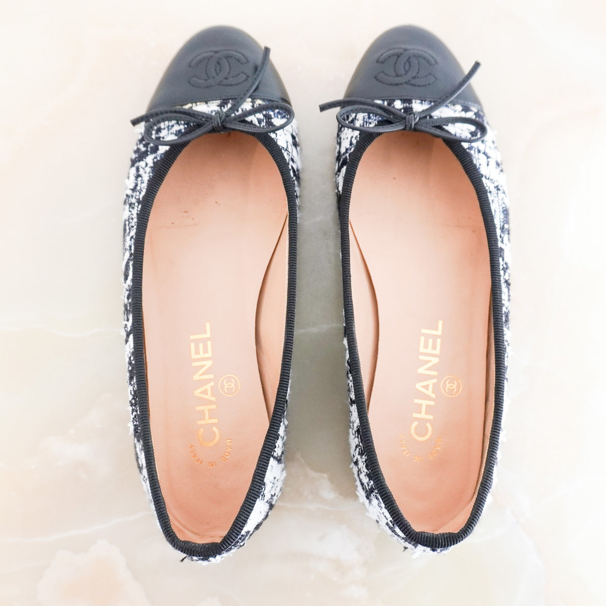 Chanel CC Tweed Ballet Flats in White and Black (RRP £899) | Authentic Preloved