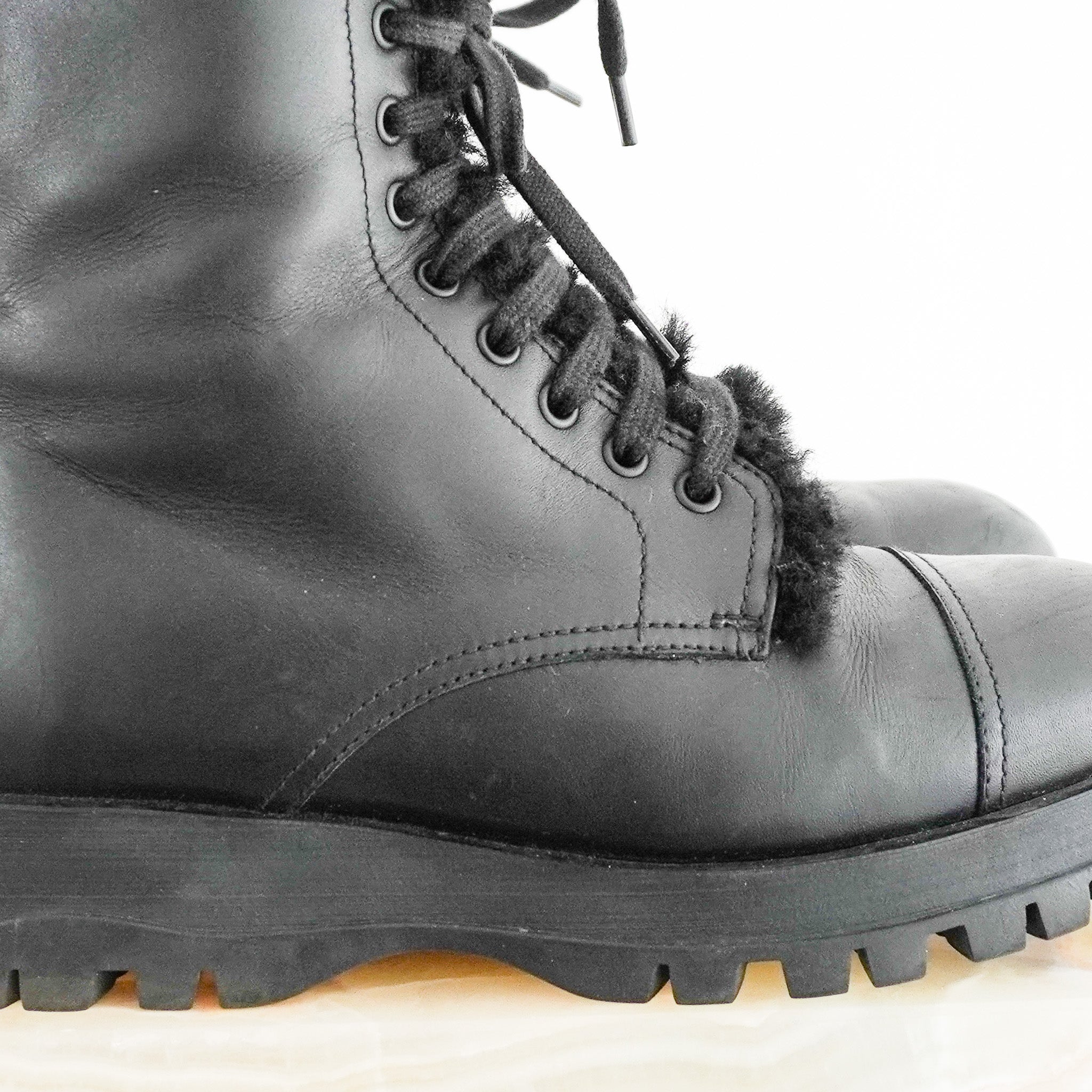 Prada Brixxen Combat Leather Booties with Shearling Fur (RRP £1350) | Authentic Preloved - Reloved Again