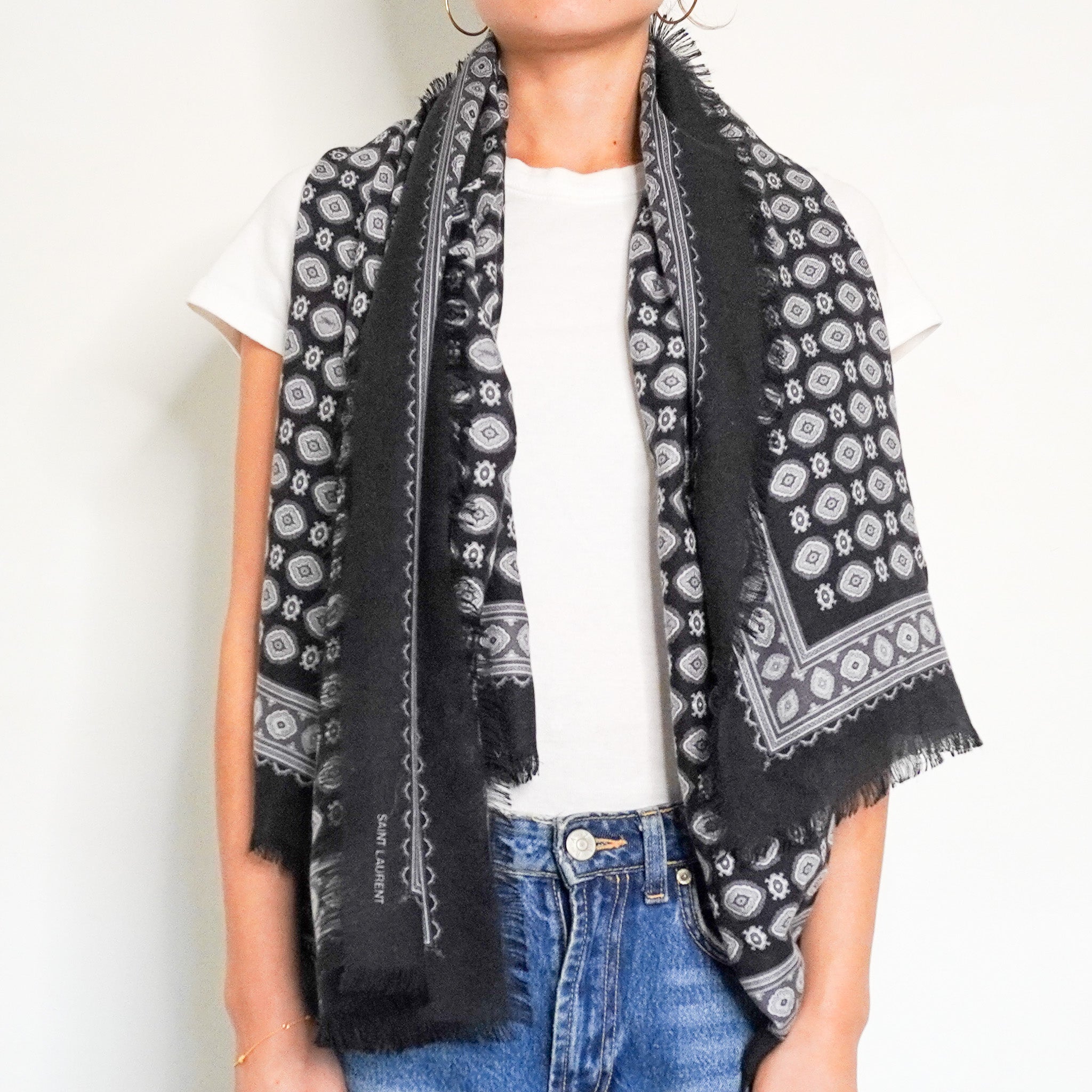 Saint Laurent Wool and Silk Patterned Scarf in Black RRP £450- FINAL SALE - Reloved Again