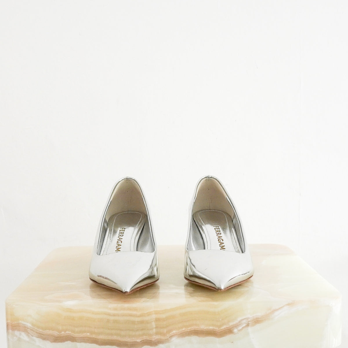 Salvatore Ferragamo Metallic Silver Pointed-Toe Kitten Heels (RRP £735) | Authentic Preloved