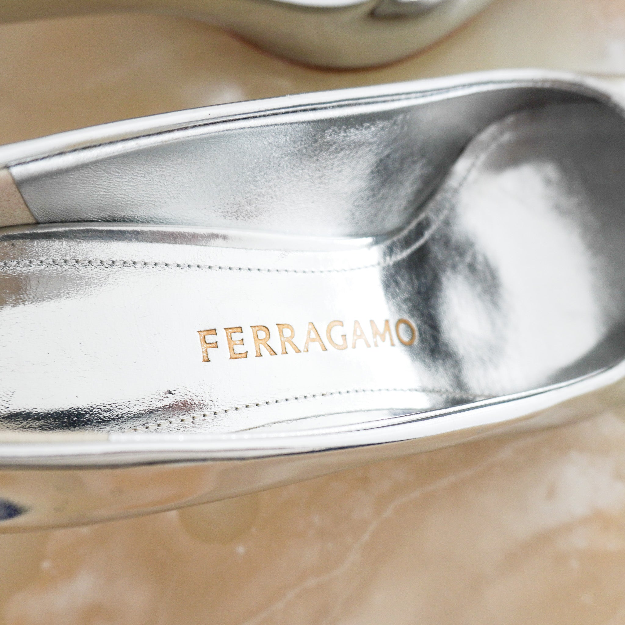 Salvatore Ferragamo Metallic Silver Pointed-Toe Kitten Heels (RRP £735) | Authentic Preloved