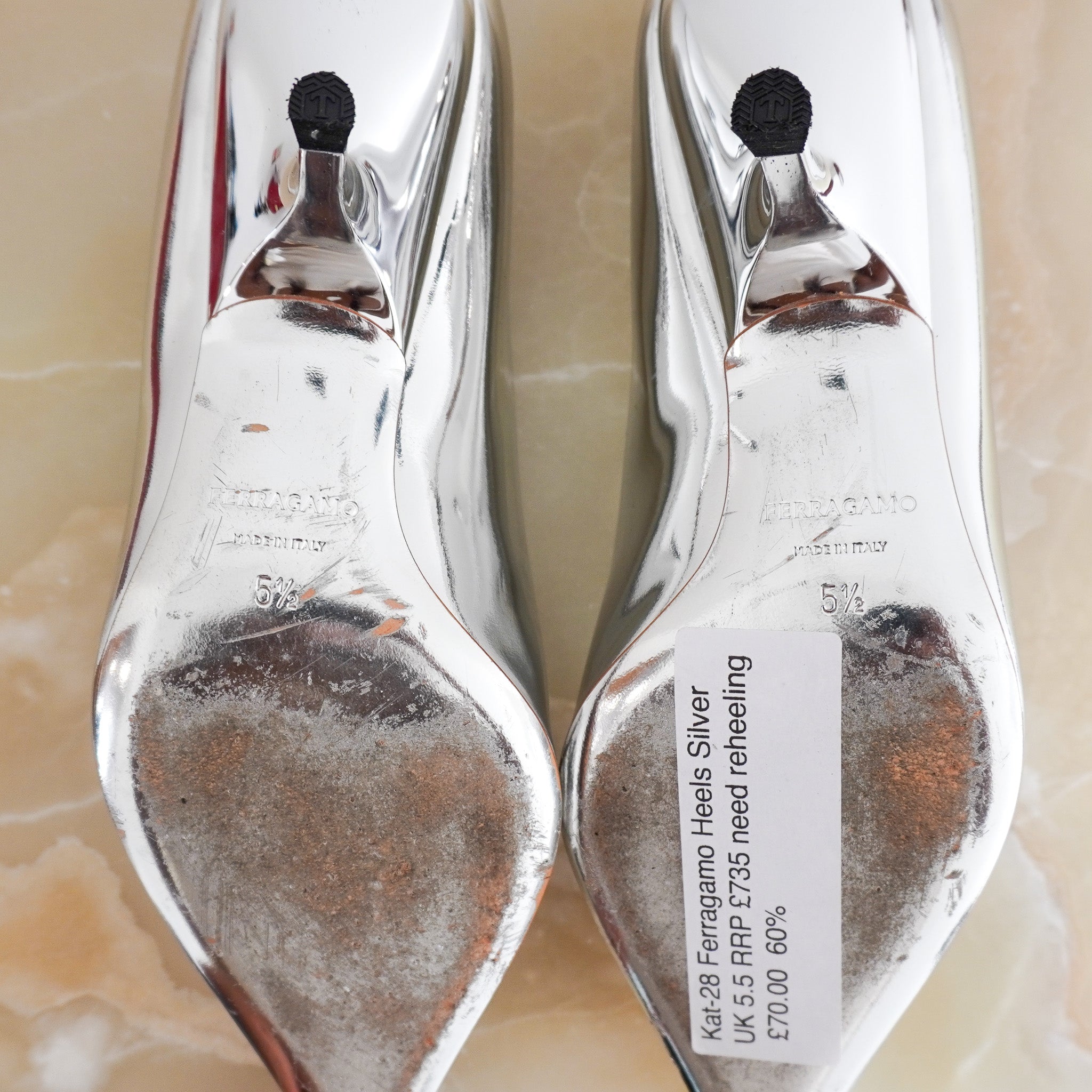 Salvatore Ferragamo Metallic Silver Pointed-Toe Kitten Heels (RRP £735) | Authentic Preloved