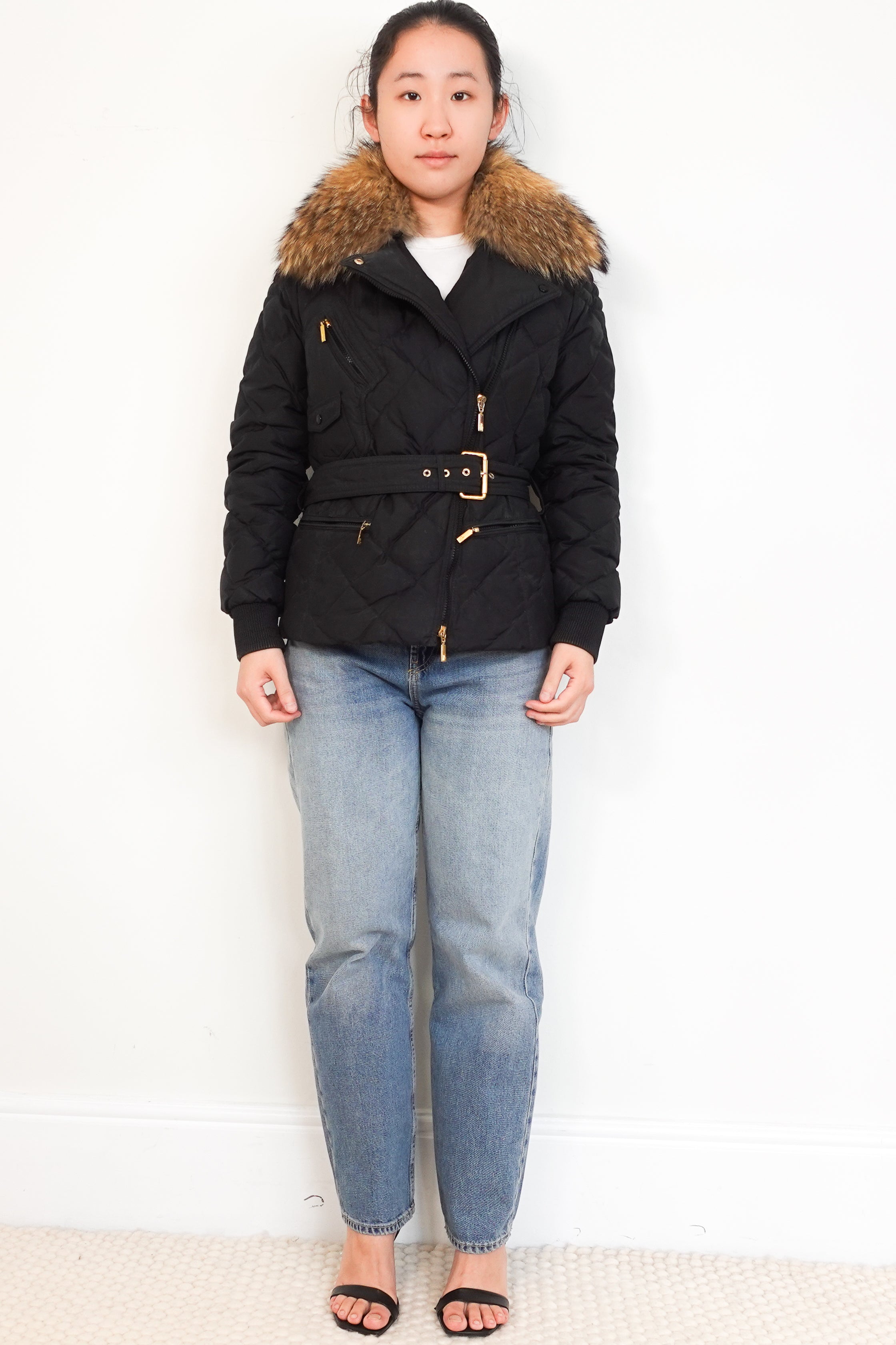 Moncler Black Virginia Quilted Fur Hood Belted Coat RRP £1000 | Authentic Preloved