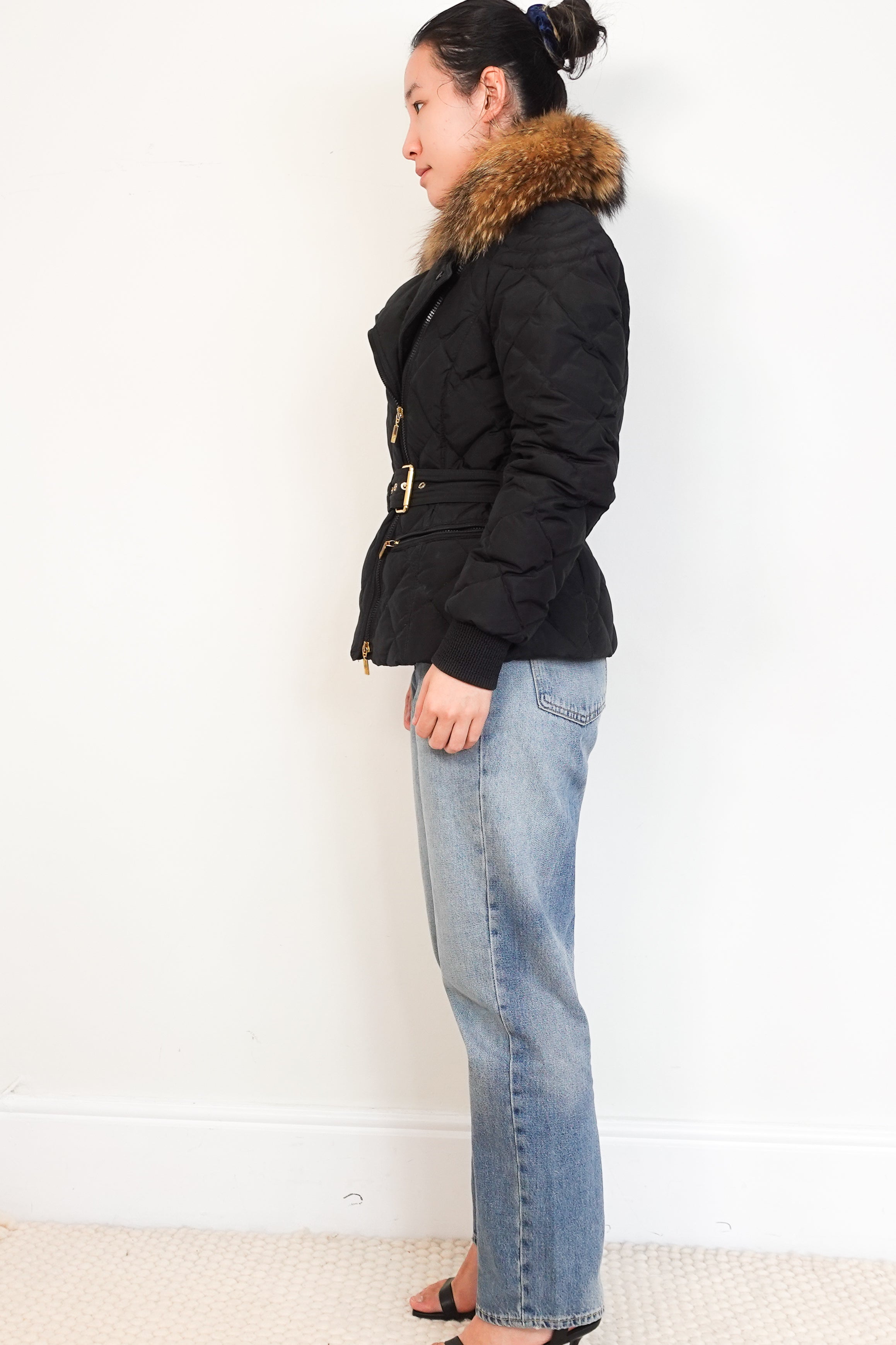 Moncler Black Virginia Quilted Fur Hood Belted Coat RRP £1000 | Authentic Preloved
