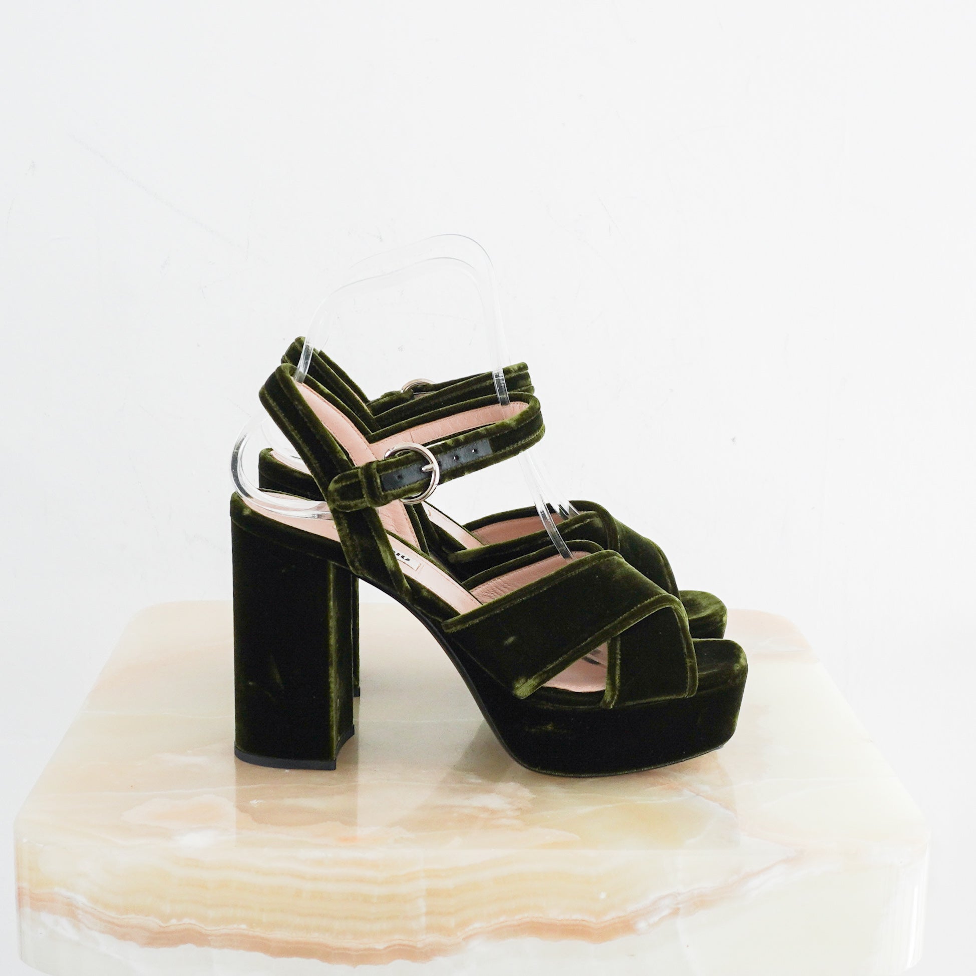 Miu Miu Green Velvet Platform Heels RRP £950 | Authentic Preloved - Reloved Again