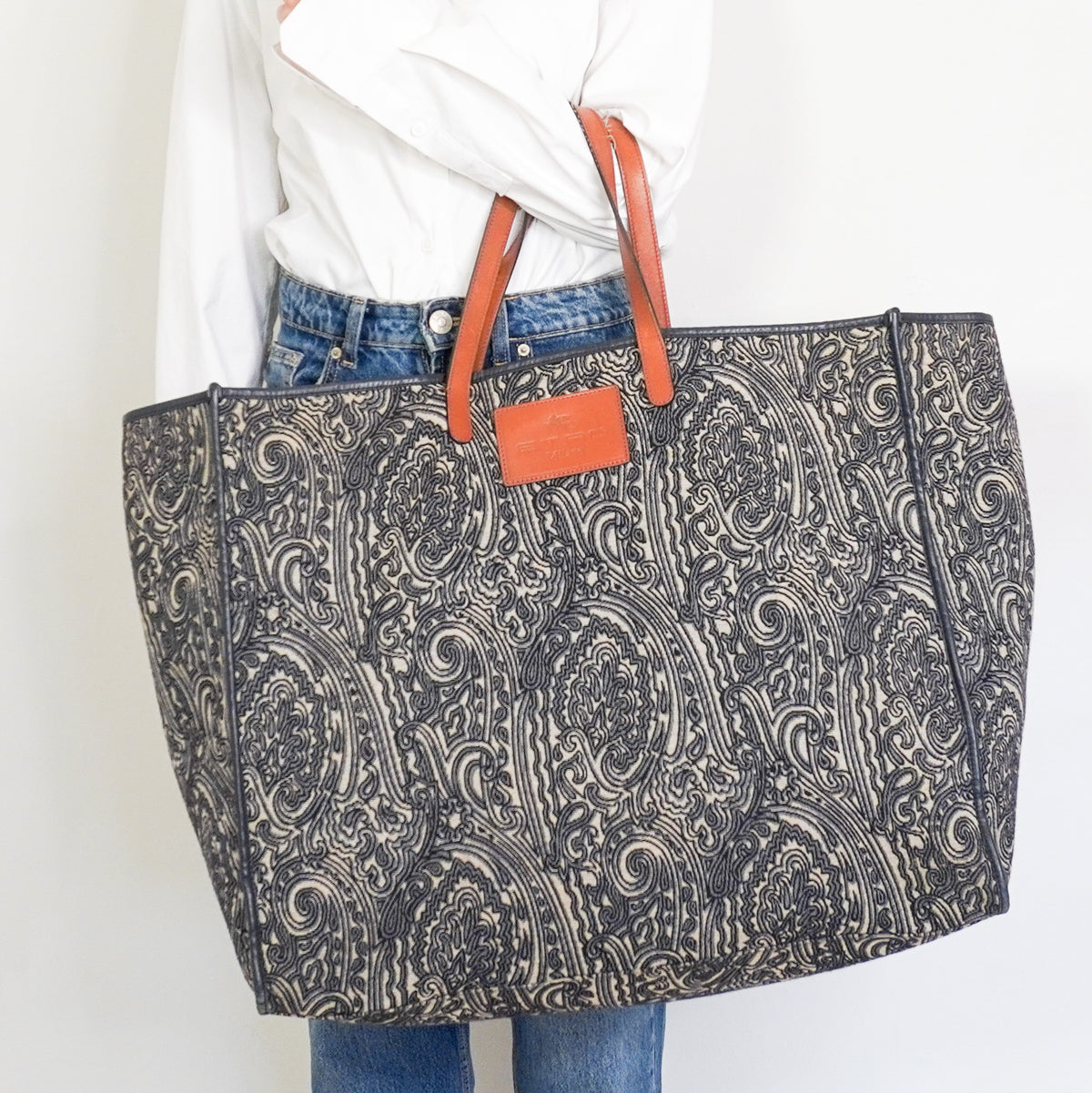Etro Navy Blue Paisley Jacquard and Leather Shopper Tote (RRP £400) | FINAL SALE