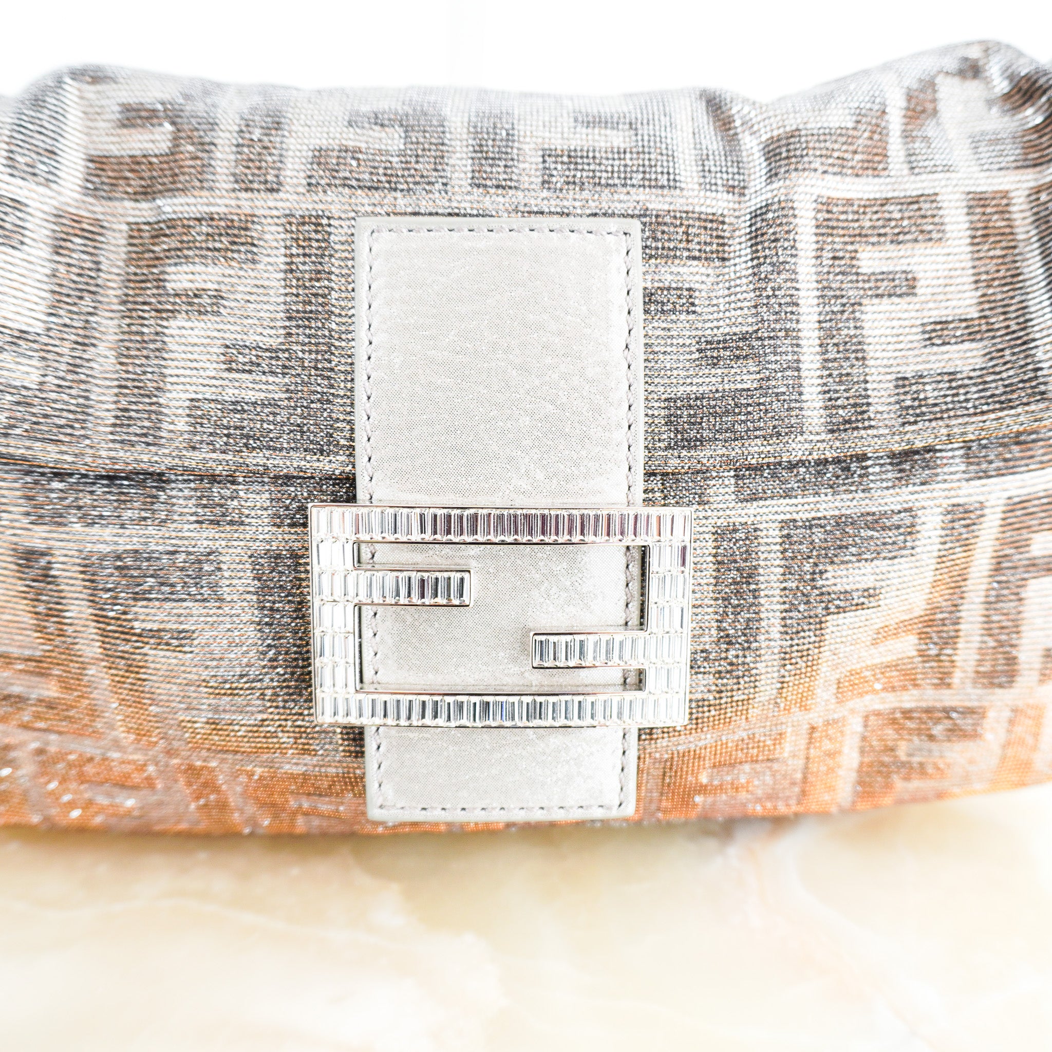 Fendi Zucca Baguette Shoulder Bag in Silver Lamé | Authentic Preloved - Reloved Again