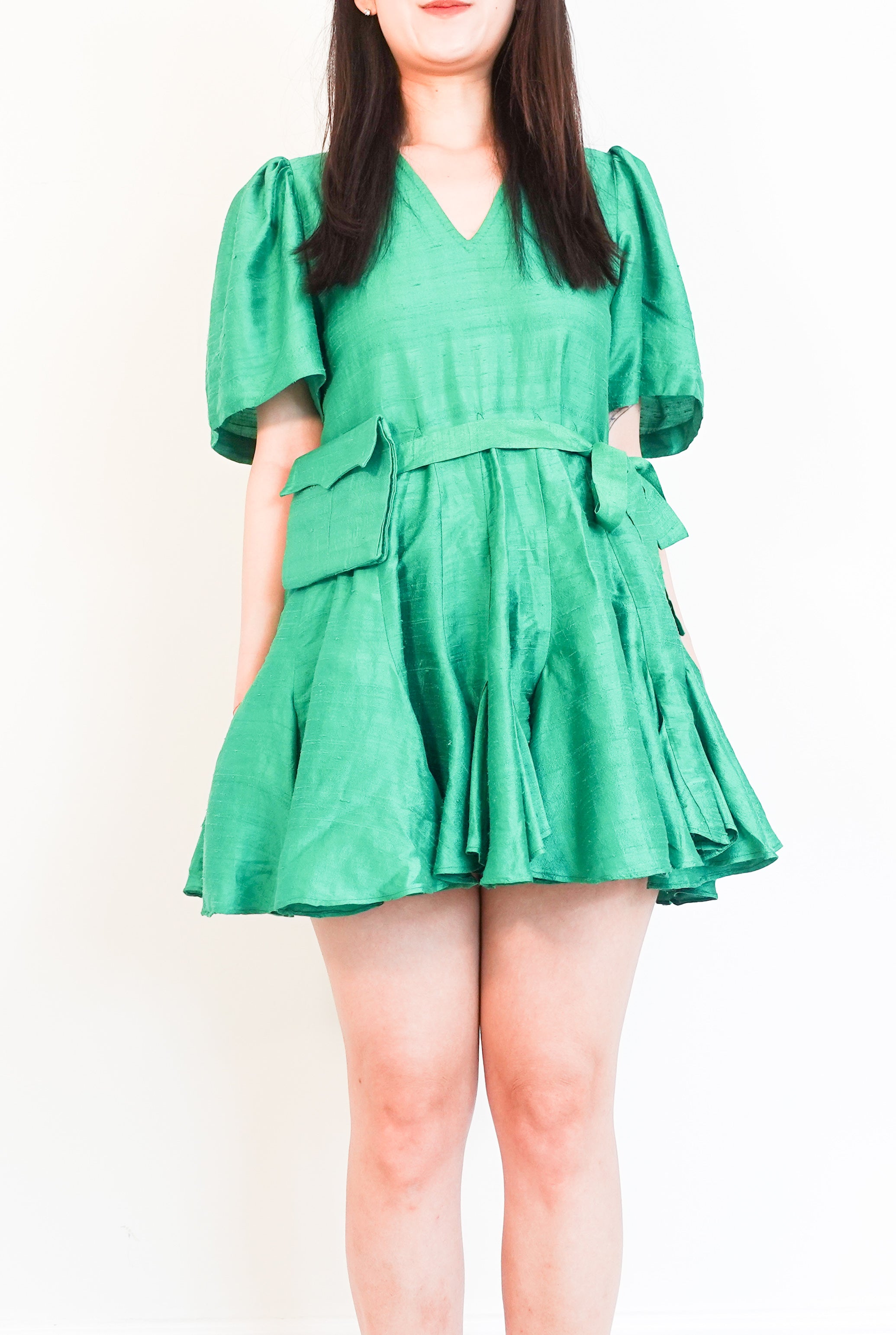 Green raw silk mini dress RRP £550