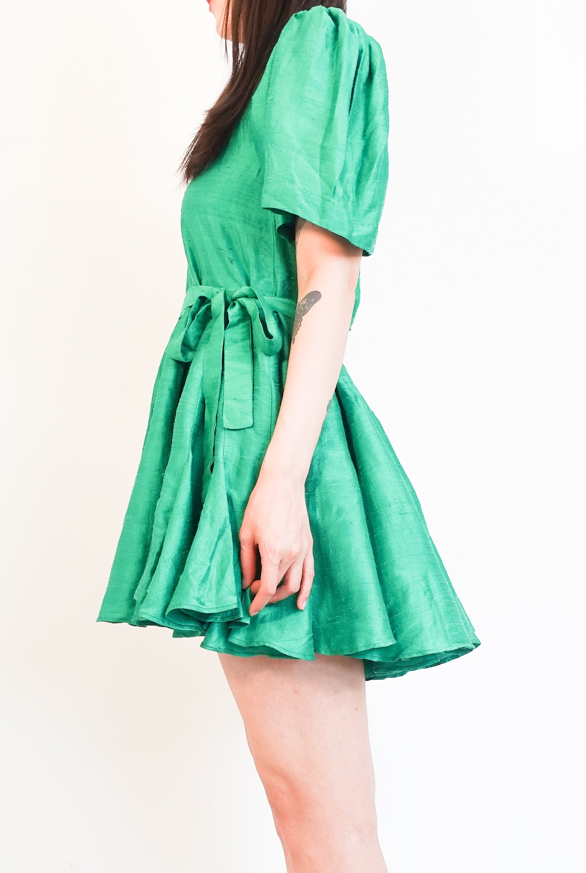 Green raw silk mini dress RRP £550