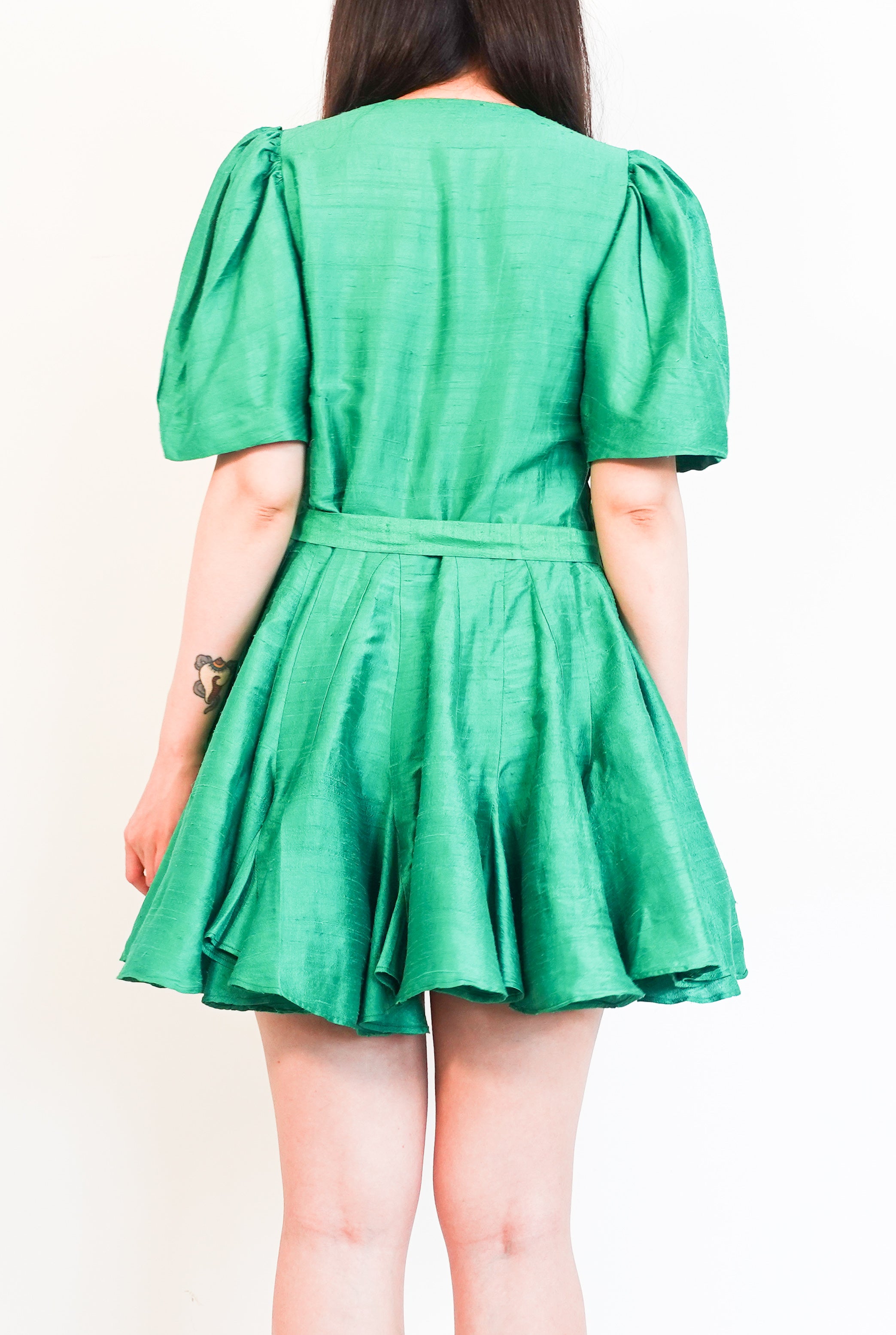 Green raw silk mini dress RRP £550