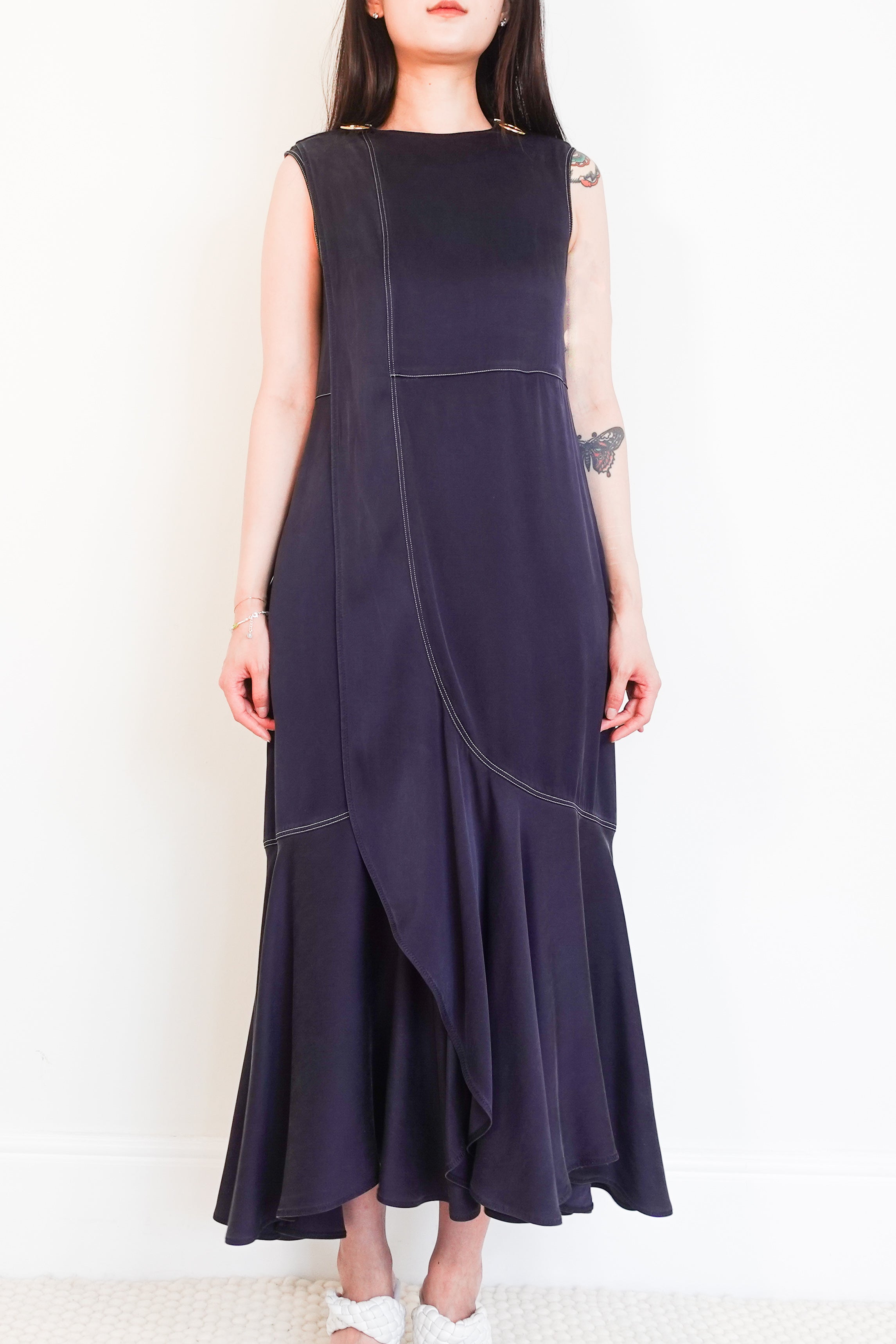 Navy silk sleeveless maxi dress