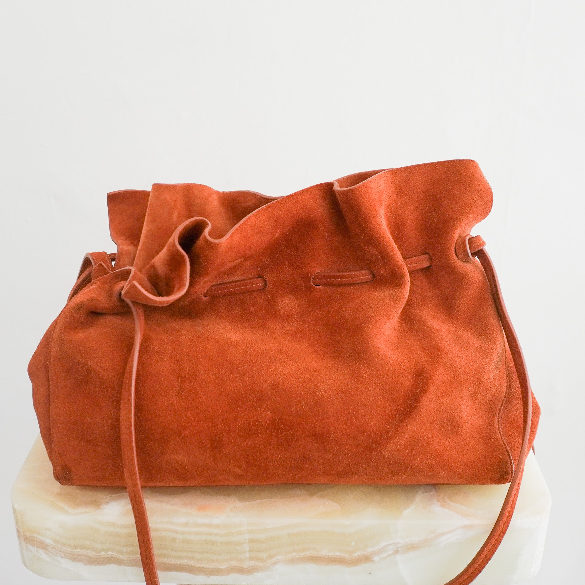 Mansur Gavriel Suede Drawstring Crossbody Bag Rust Leather | Authentic Preloved - Reloved Again