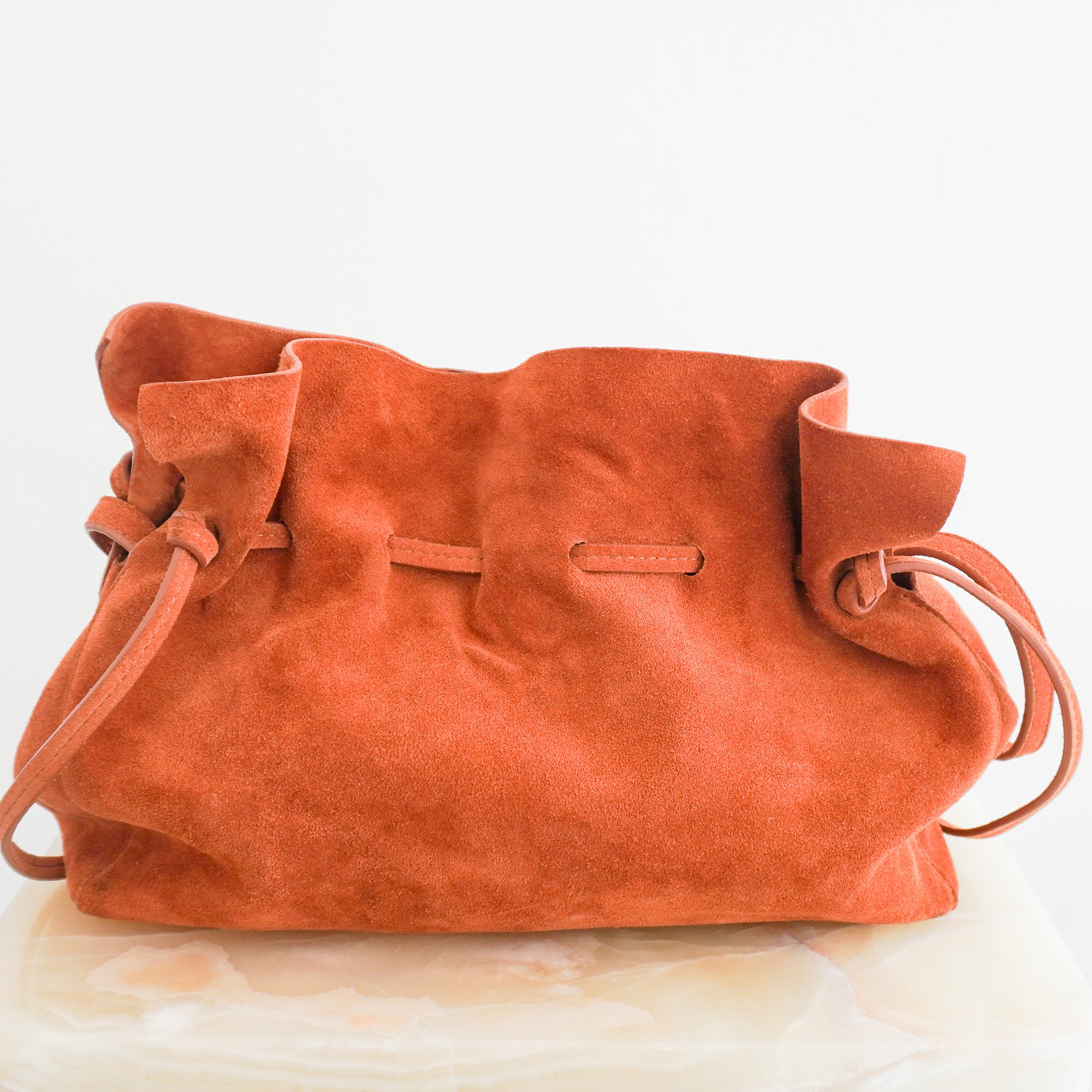 Mansur Gavriel Suede Drawstring Crossbody Bag Rust Leather | Authentic Preloved - Reloved Again