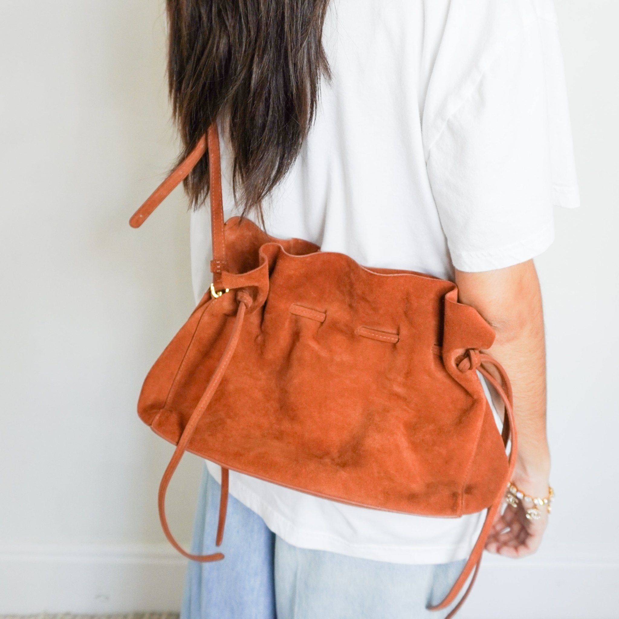 Mansur Gavriel Suede Drawstring Crossbody Bag Rust Leather | Authentic Preloved - Reloved Again