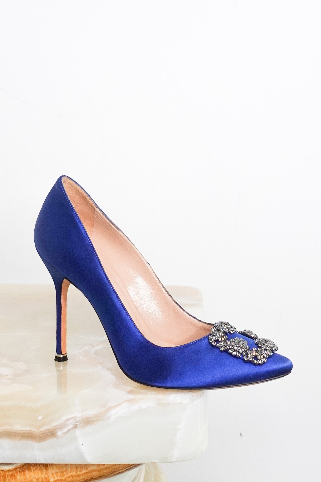 Blue satin jewel buckle pumps RRP £945