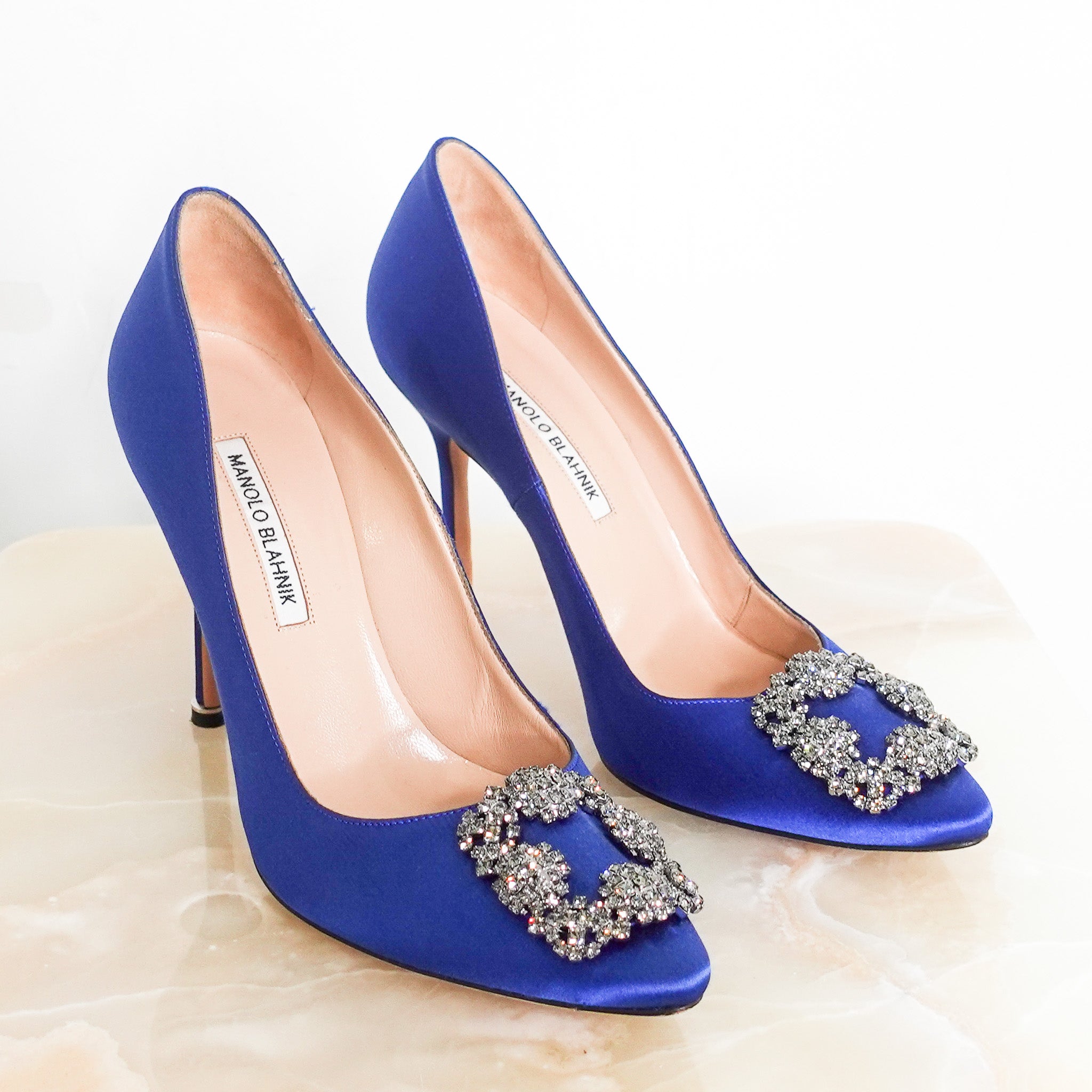 Blue satin jewel buckle pumps RRP £945