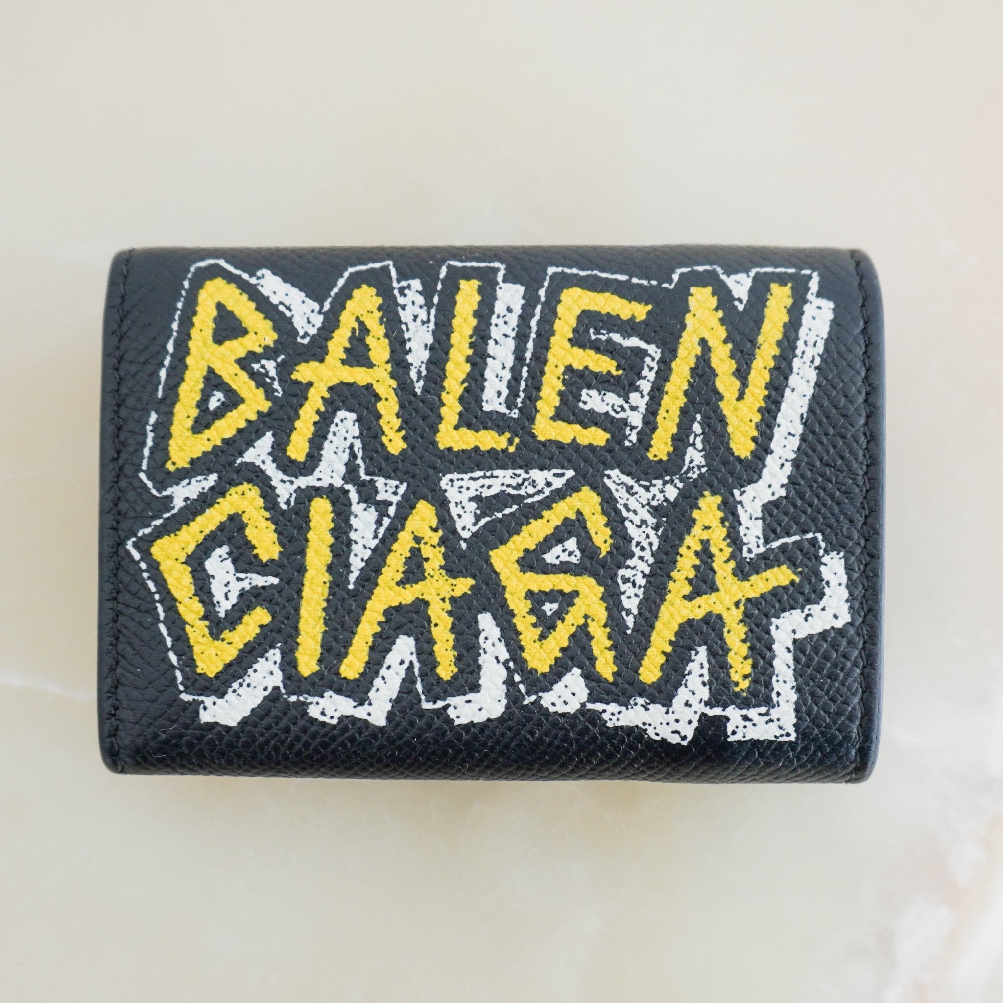 Balenciaga Paris Graffiti Paper Mini Trifold Wallet Black Leather (RRP