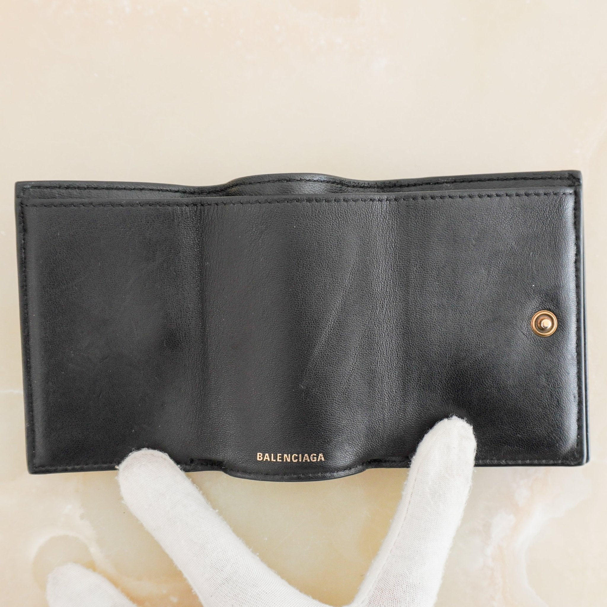 Balenciaga Paris Graffiti Paper Mini Trifold Wallet Black Leather (RRP £475) | Authentic Preloved - Reloved Again