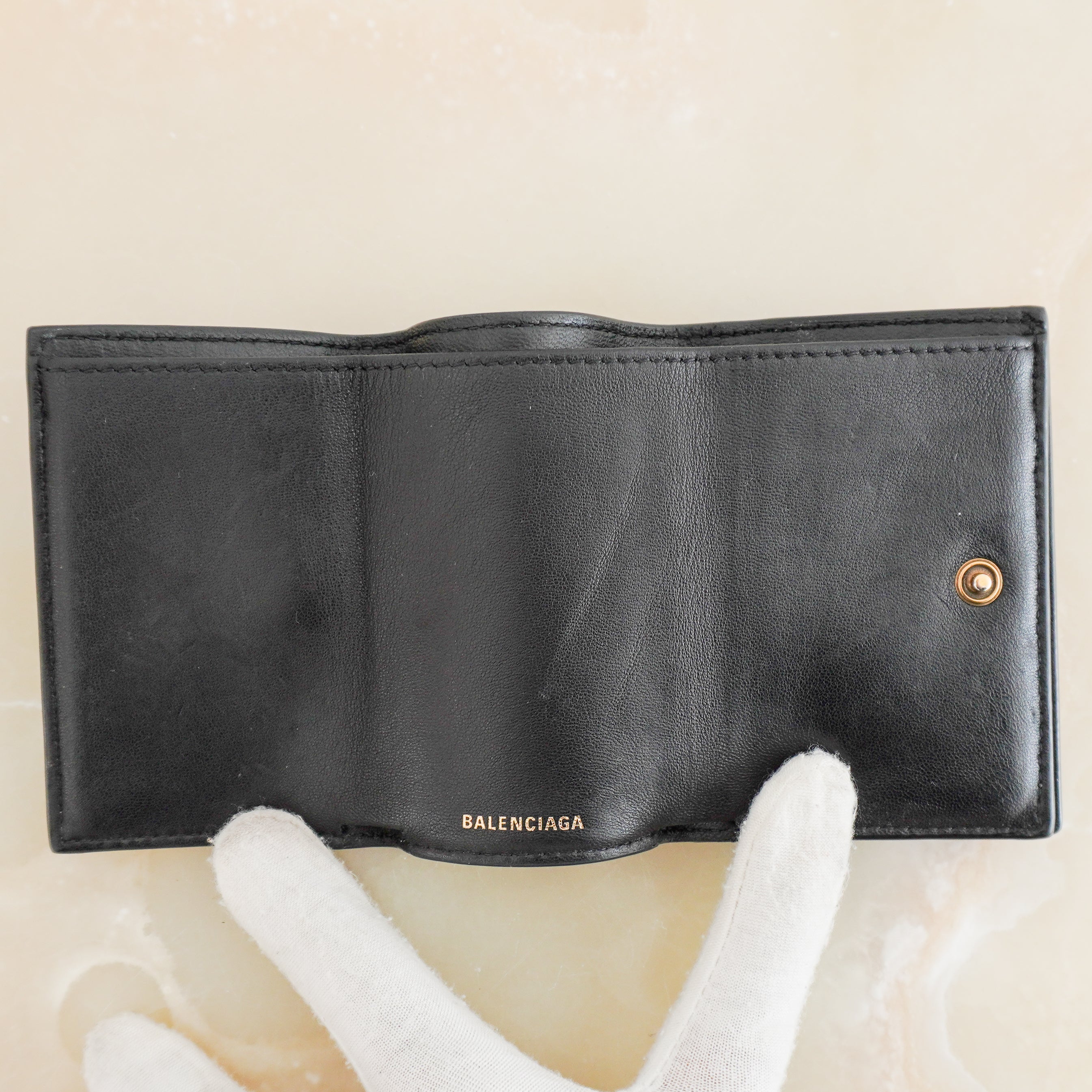 Balenciaga Paris Graffiti Paper Mini Trifold Wallet Black Leather (RRP £475) | Authentic Preloved