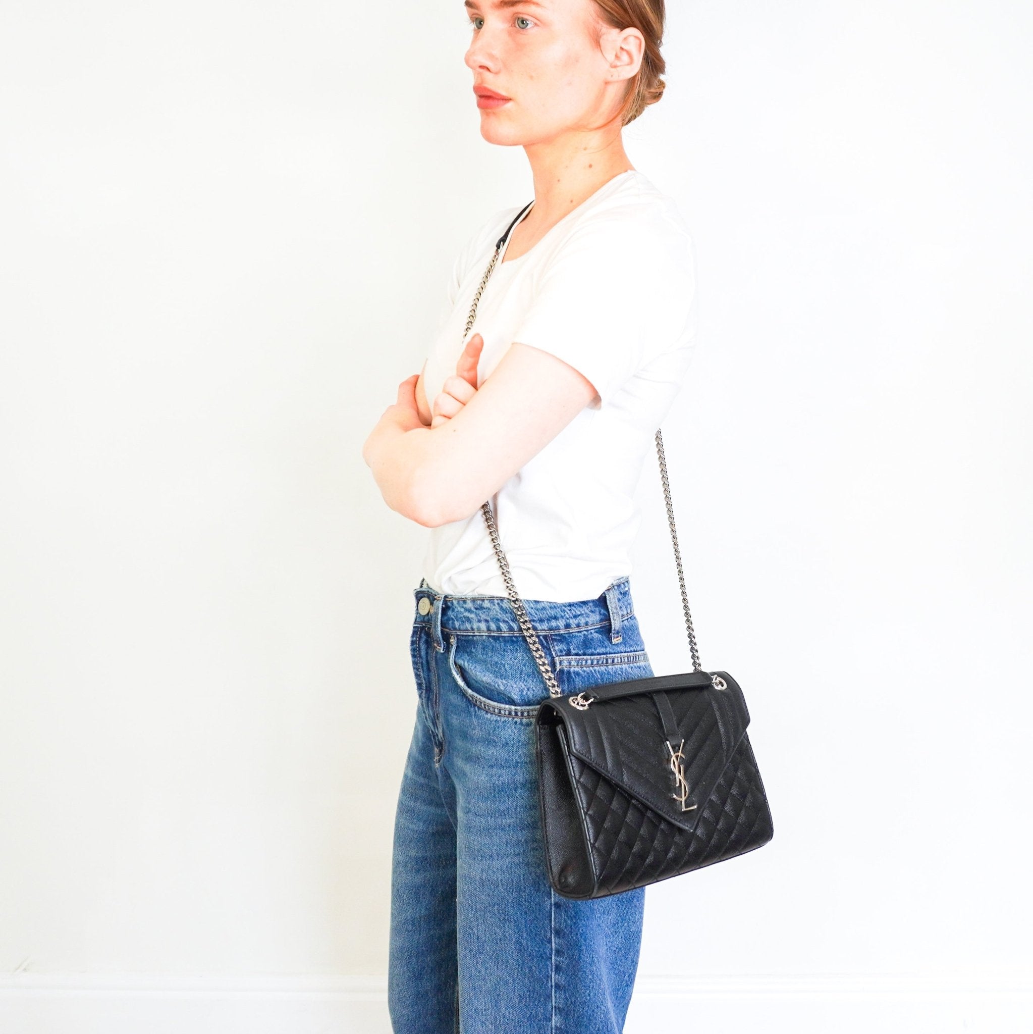 Saint Laurent Black Medium Envelope Matelasse Shoulder Bag RRP £2235 | Authentic Preloved