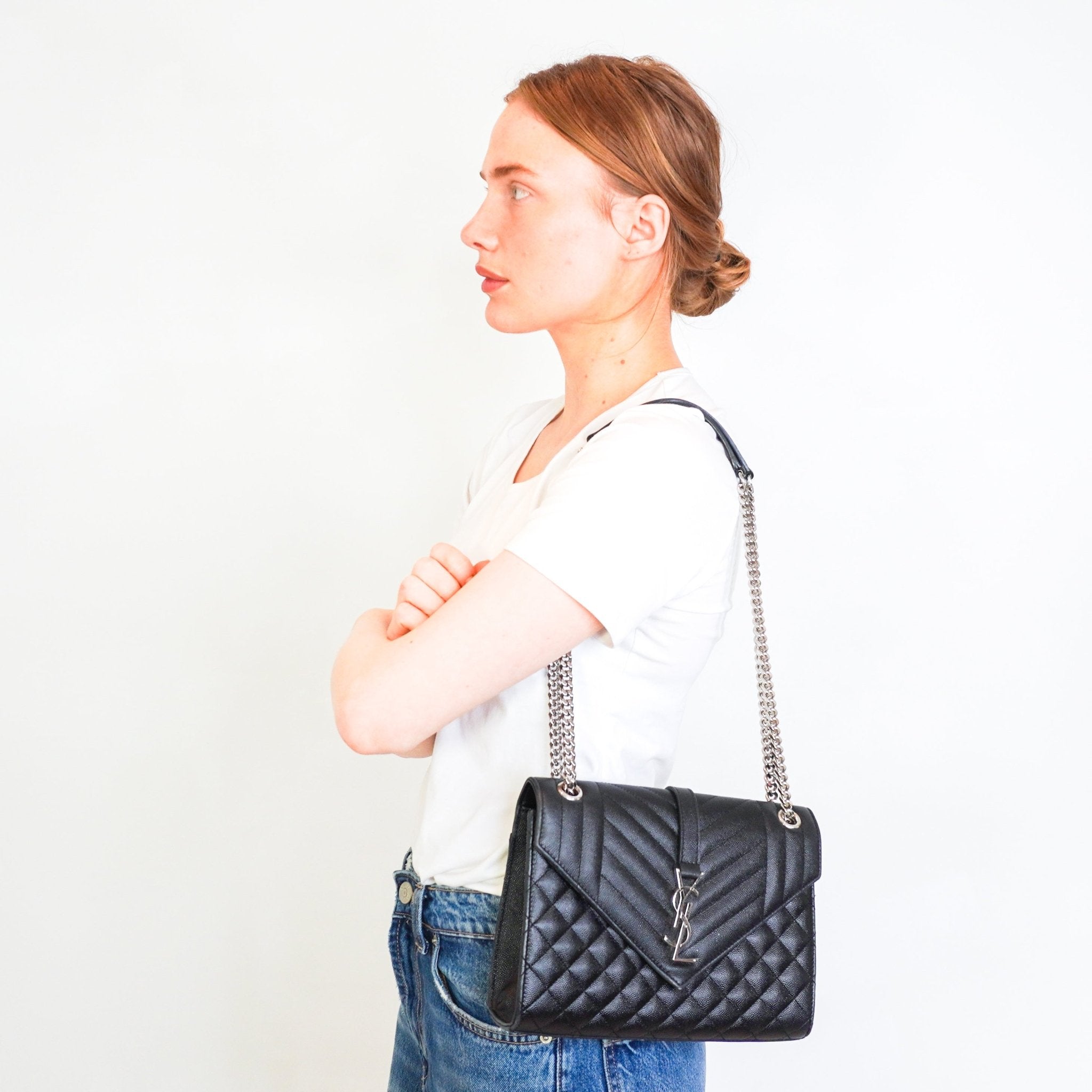 Saint Laurent Black Medium Envelope Matelasse Shoulder Bag RRP £2235 | Authentic Preloved