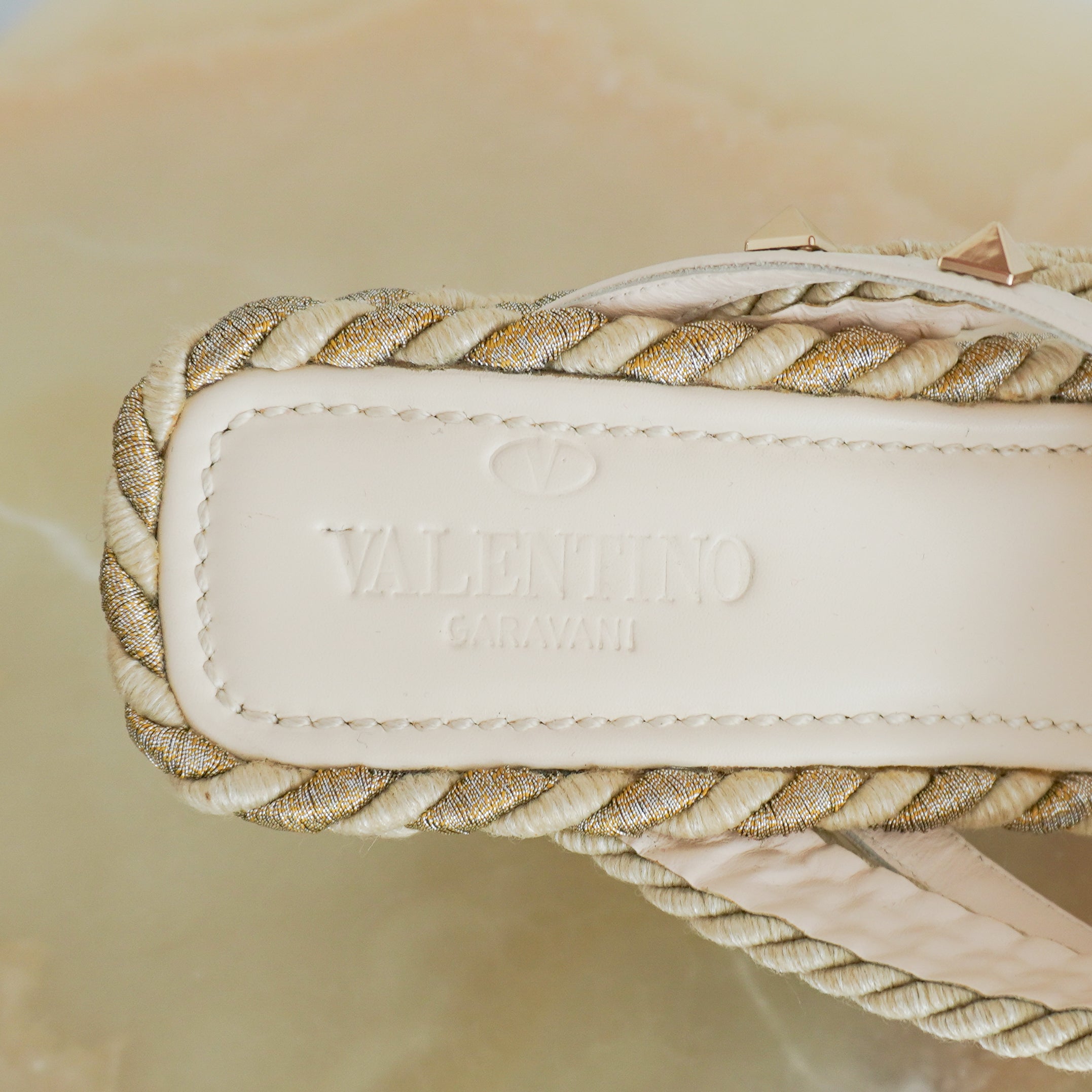 Valentino Rockstud Raffia Platform Wedge Sandals Cream & Metallic Thread RRP £800 | Authentic Preloved