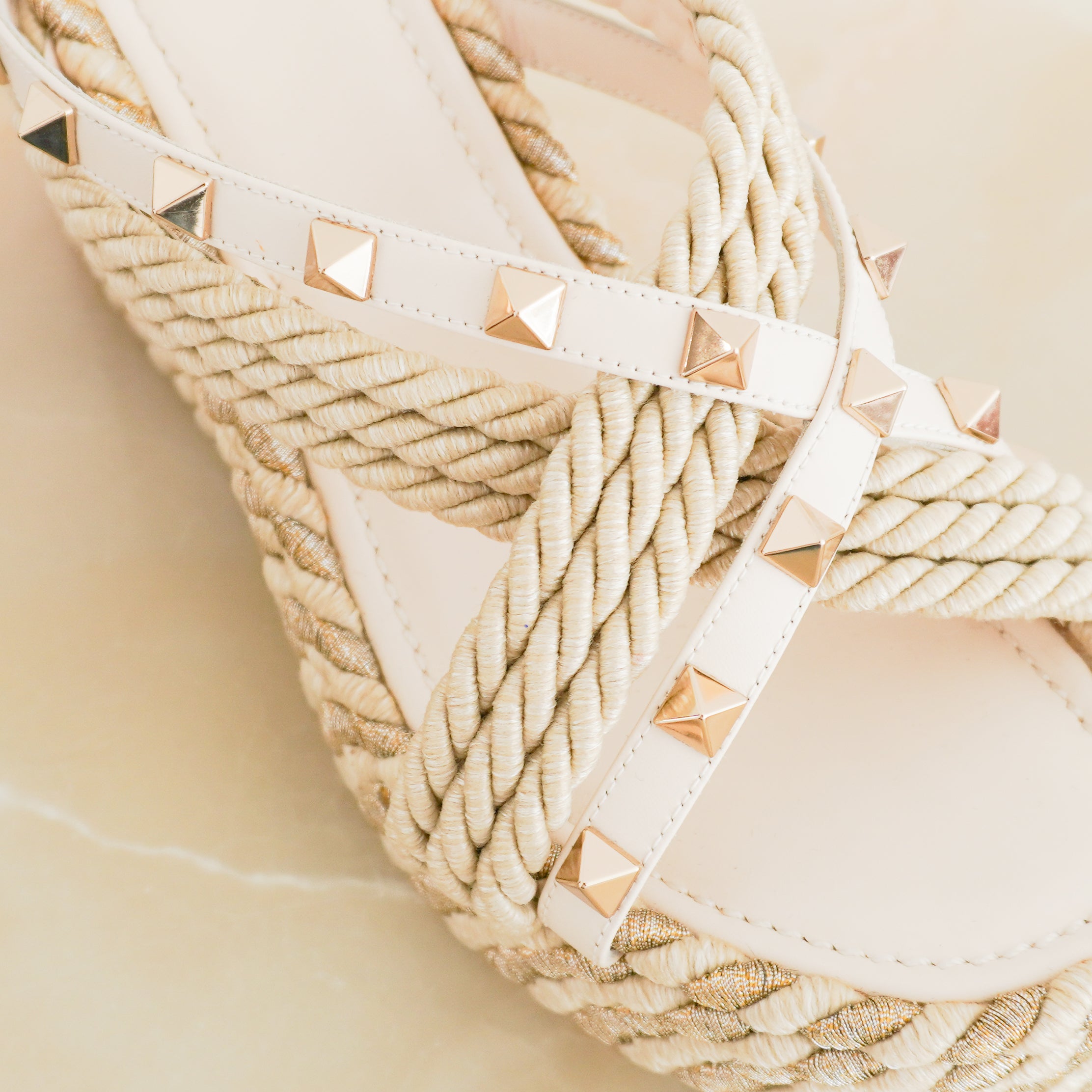 Valentino Rockstud Raffia Platform Wedge Sandals Cream & Metallic Thread RRP £800 | Authentic Preloved