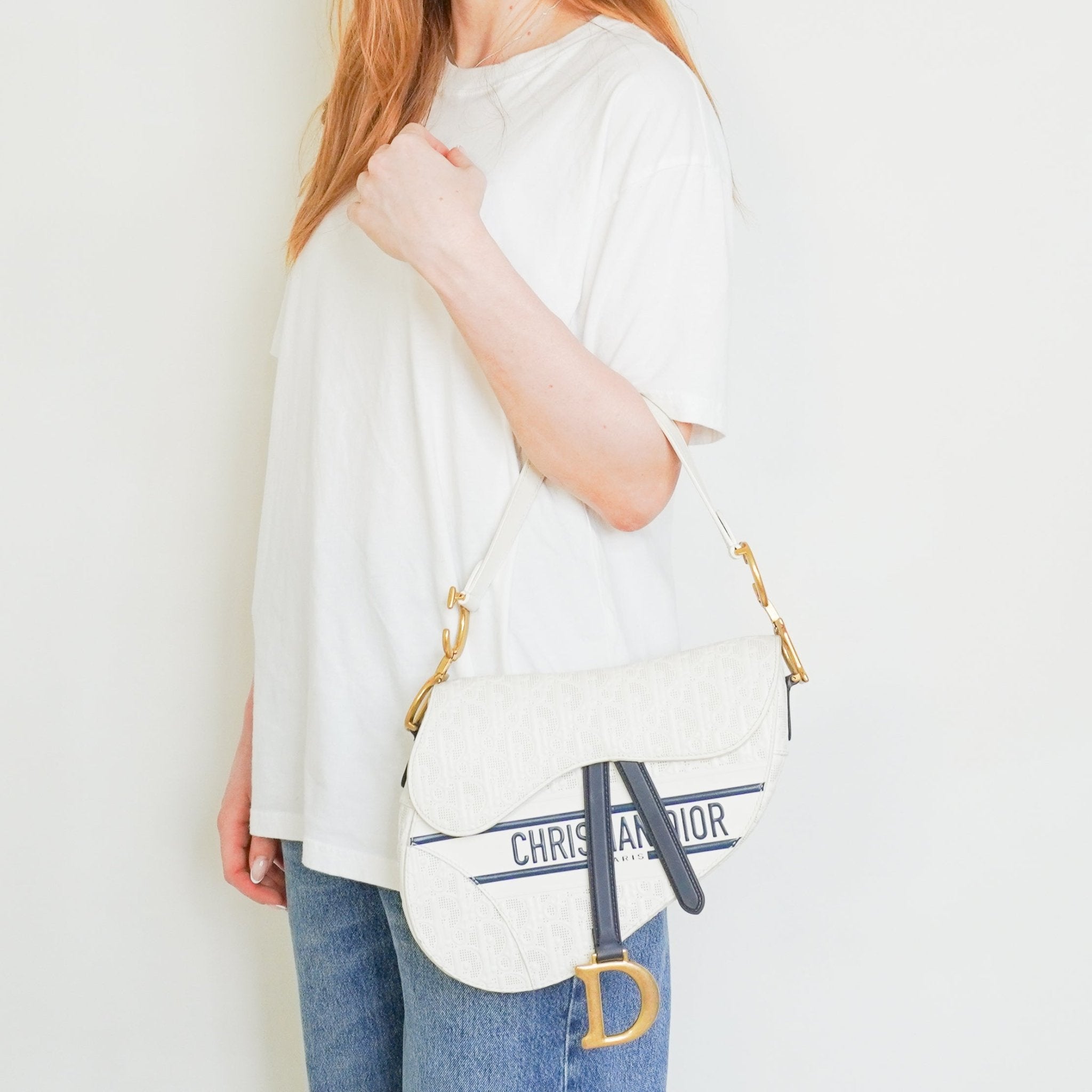 Dior White Perforated Oblique Saddle Bag with Strap (RRP £3500) | Authentic Preloved - Reloved Again