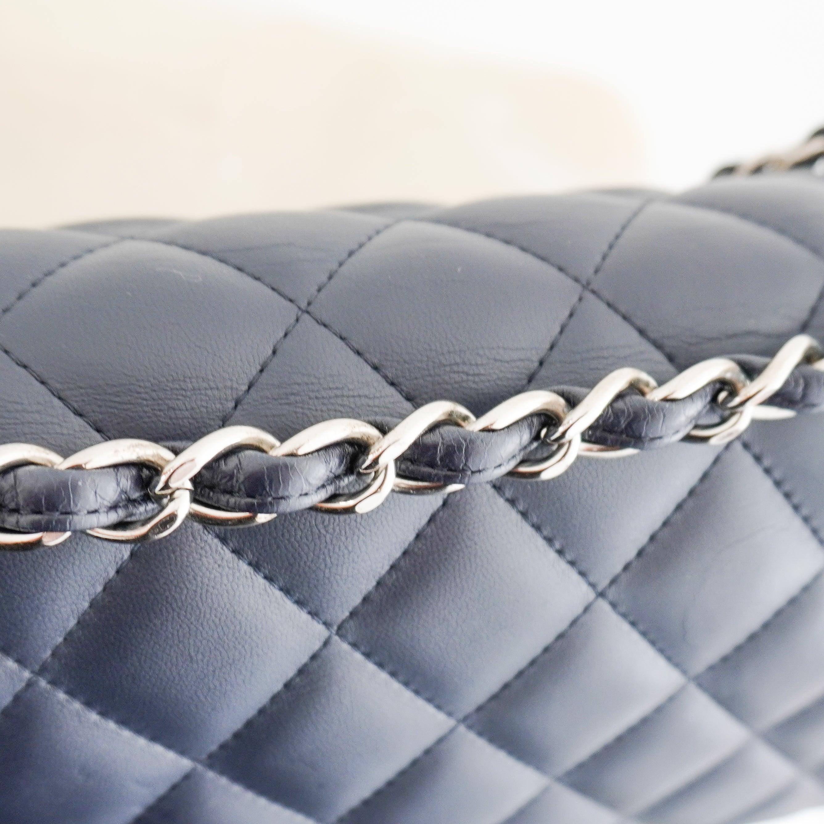 Chanel Large Classic Double Flap Bag Navy Lambskin with Silver Hardware (RRP £9500) | Authentic Preloved