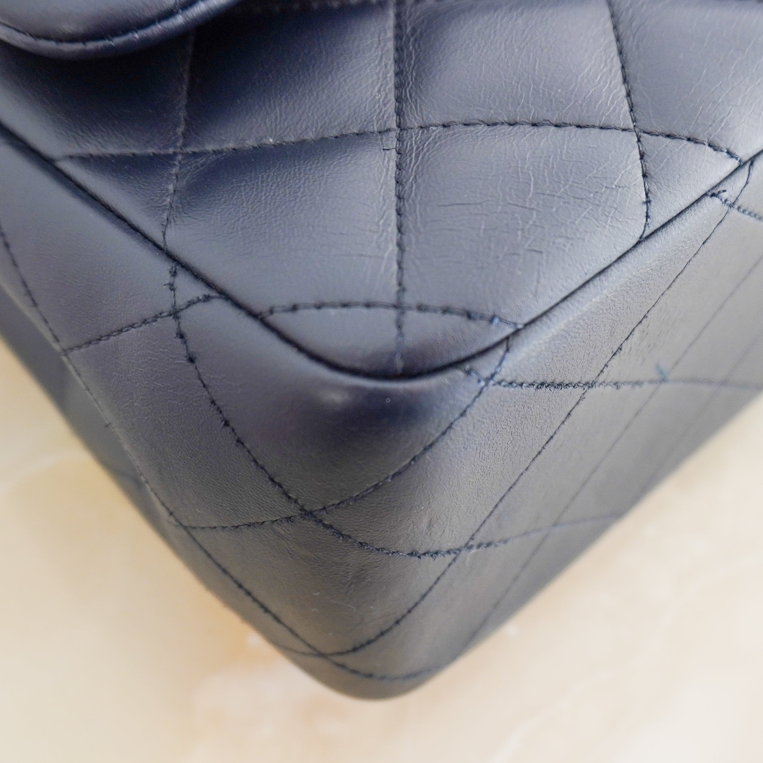 Chanel Large Classic Double Flap Bag Navy Lambskin with Silver Hardware (RRP £9500) | Authentic Preloved