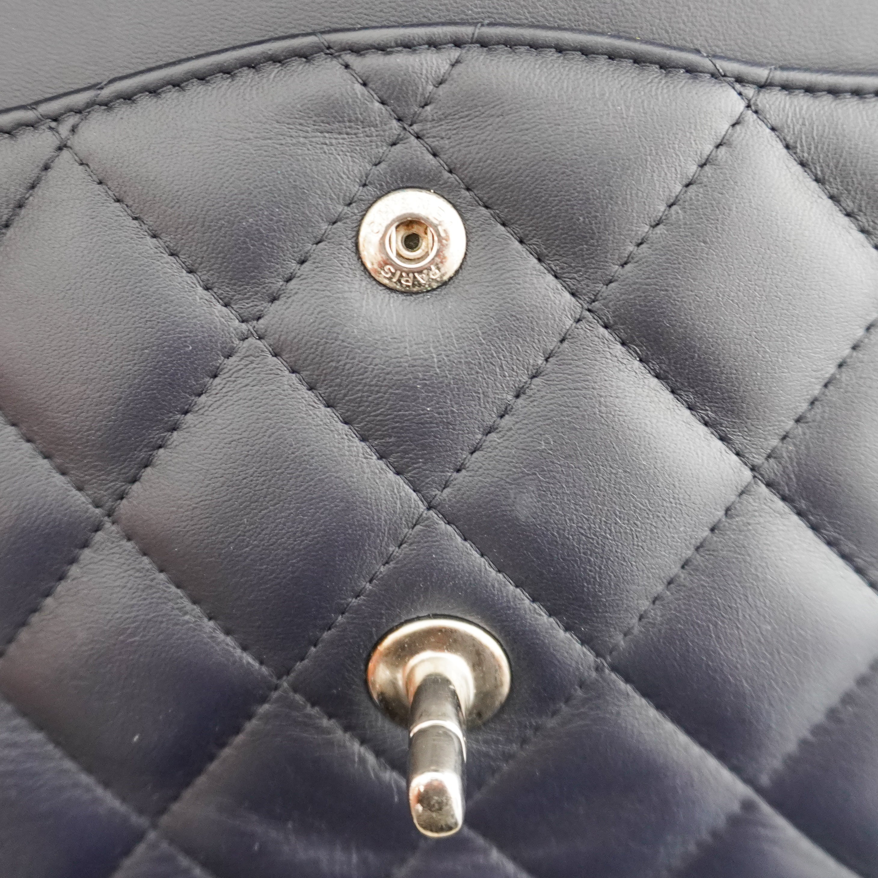 Chanel Large Classic Double Flap Bag Navy Lambskin with Silver Hardware (RRP £9500) | Authentic Preloved