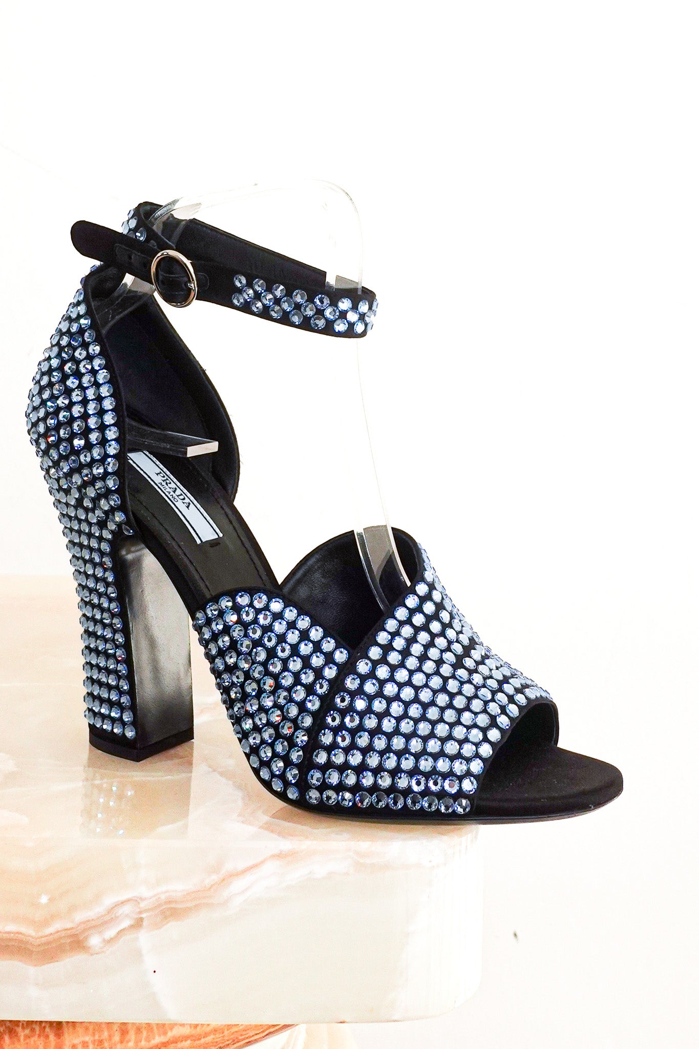 Blue crystal embellished satin sandals RRP £1200