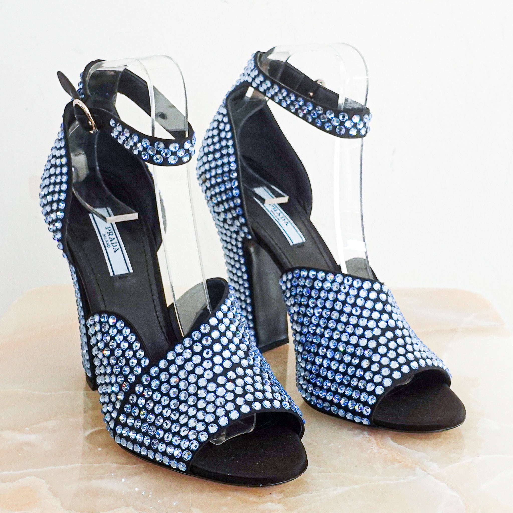 Blue crystal embellished satin sandals RRP £1200