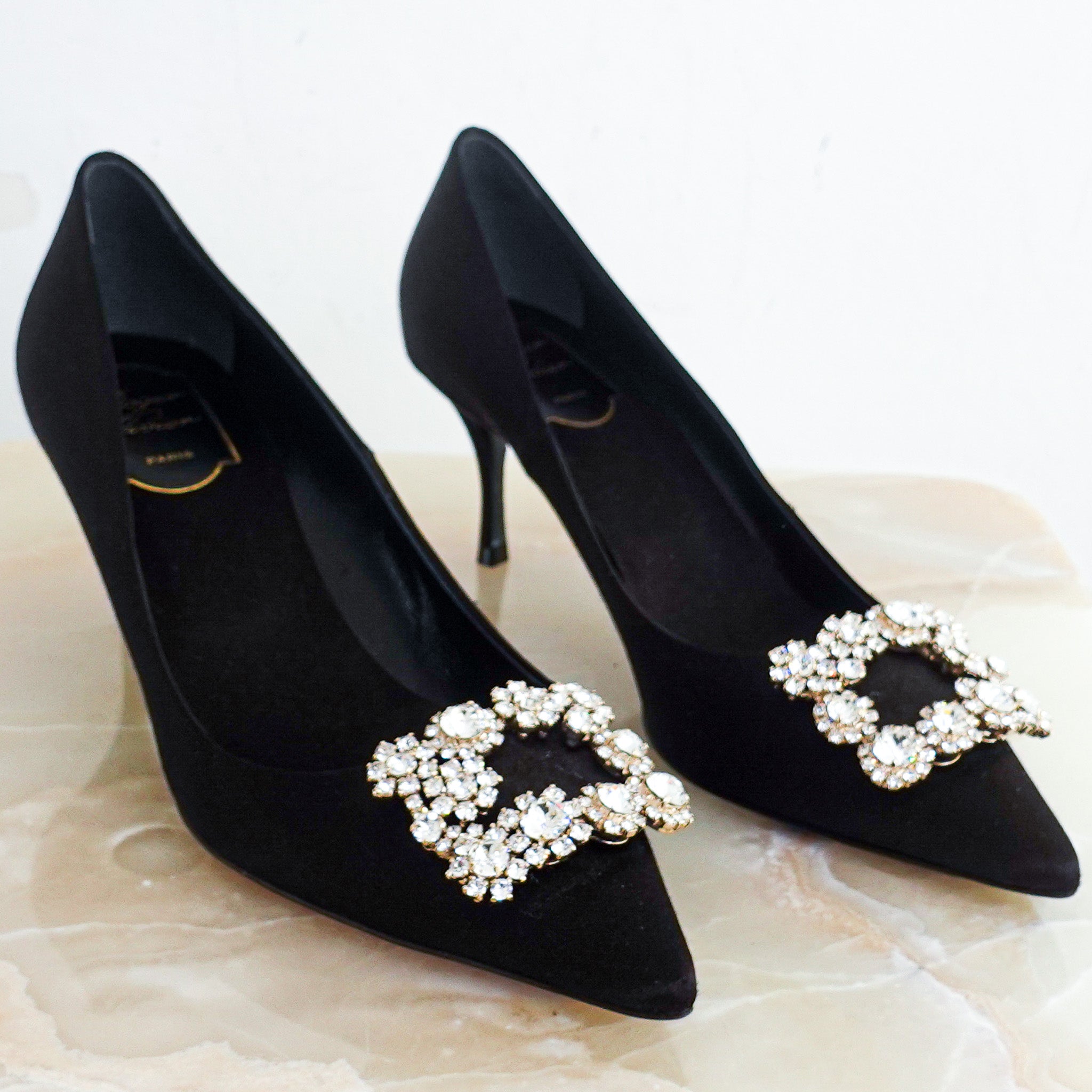 Black satin pumps RRP £1435