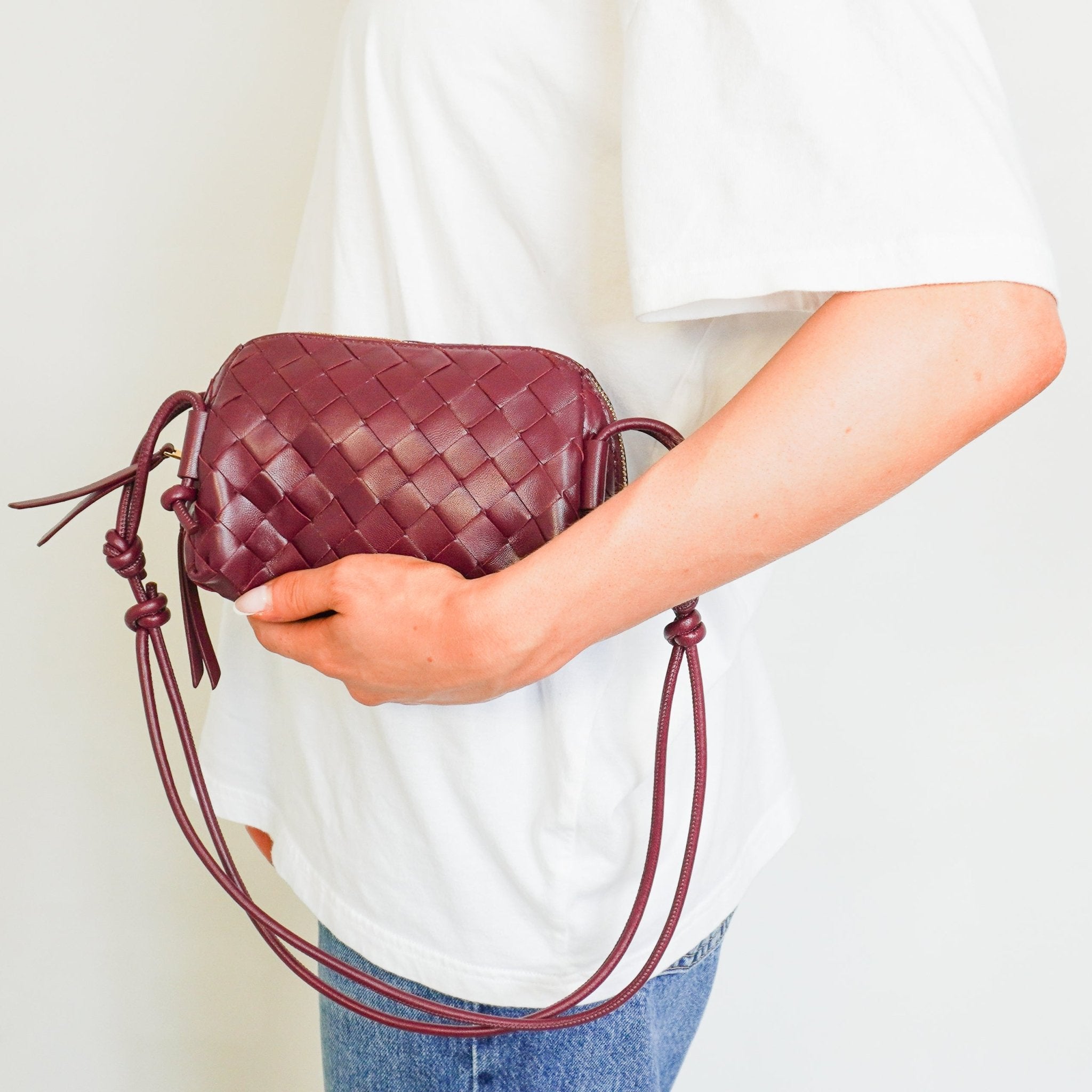 Bottega Veneta Intreciatto Concert Crossbody Bag in Burgundy (RRP £1730) | Authentic Preloved - Reloved Again