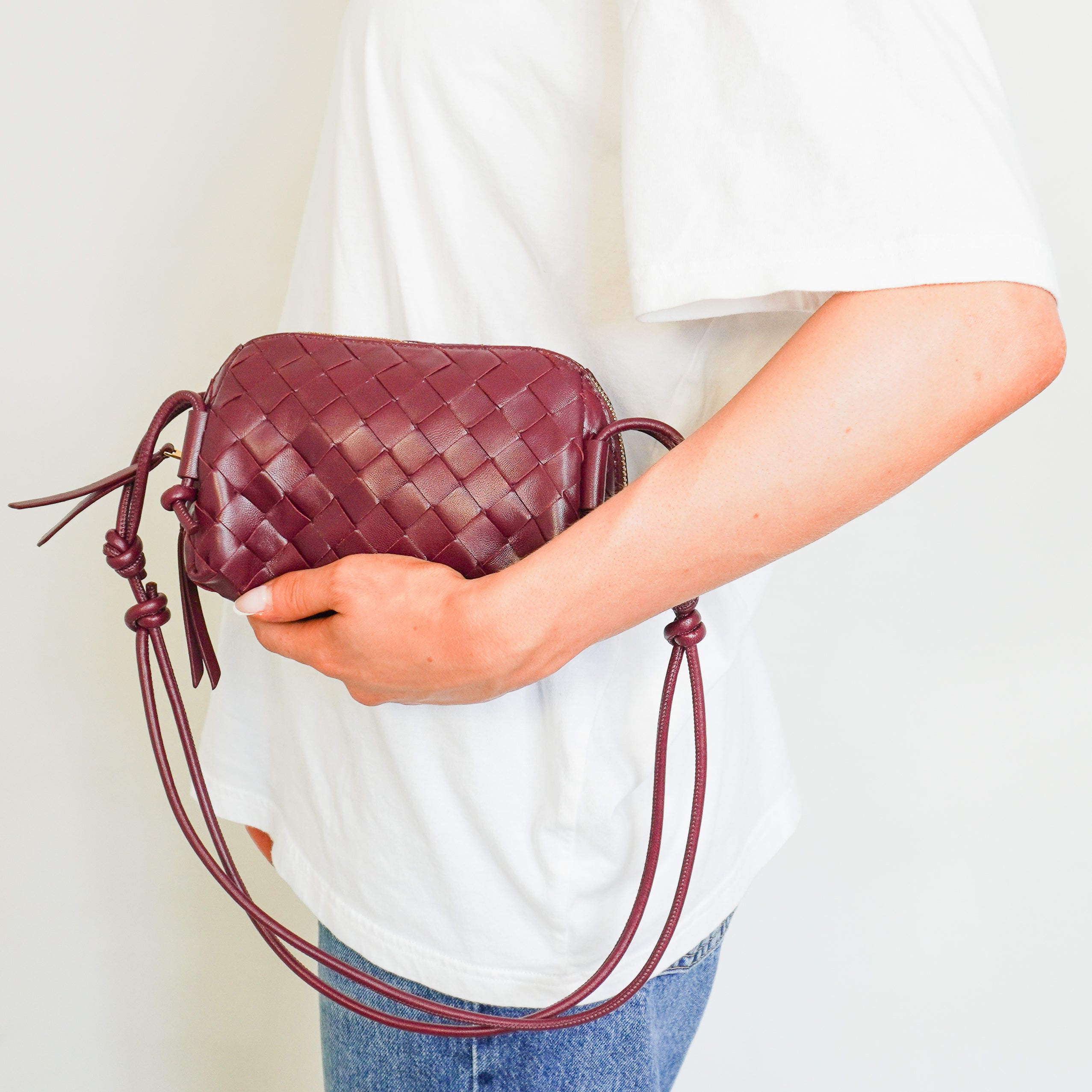 Bottega Veneta Intreciatto Concert Crossbody Bag in Burgundy (RRP £1730) | Authentic Preloved