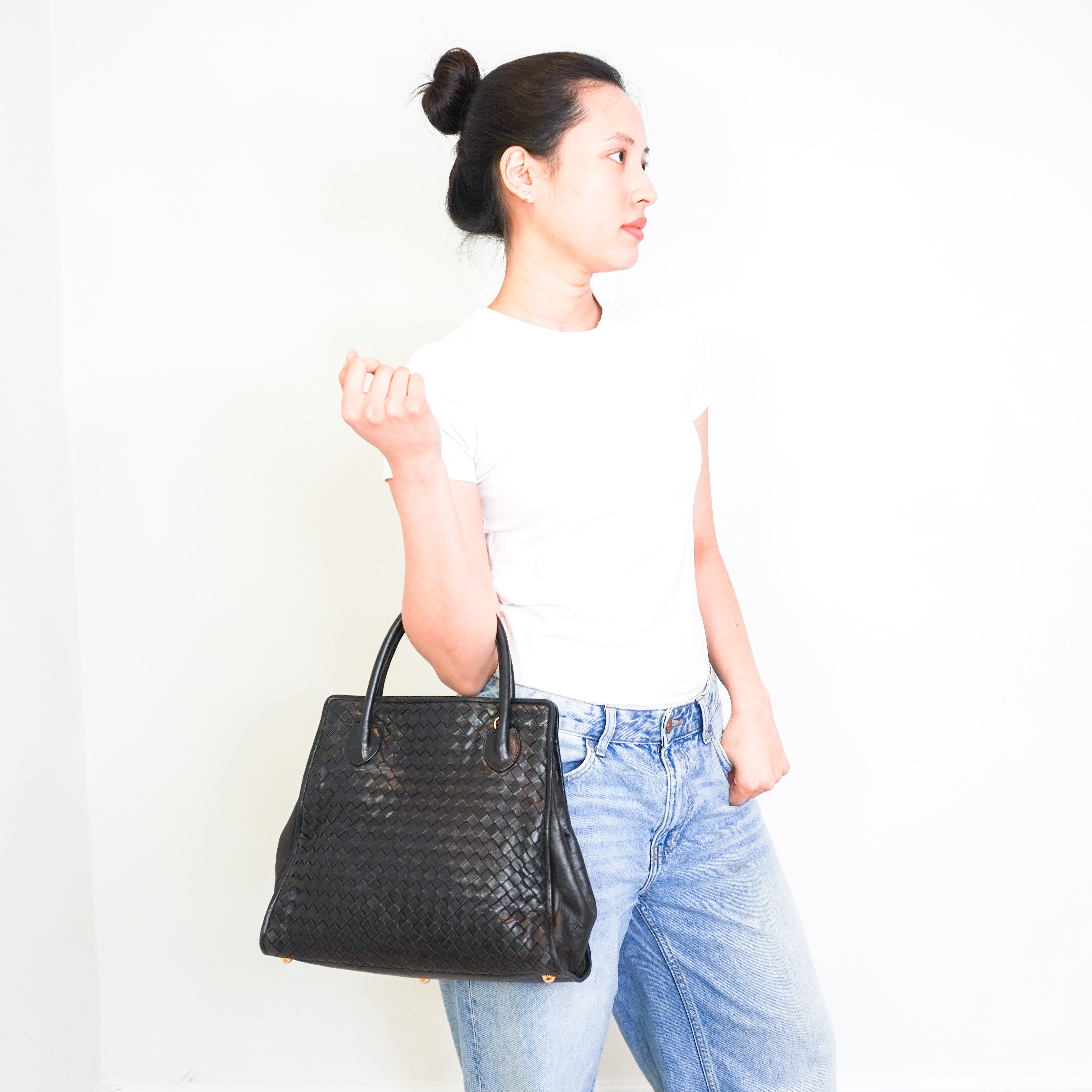 Vintage Bottega Veneta Black Intrecciato Top-Handle Bag RRP £3500 | Authentic Preloved