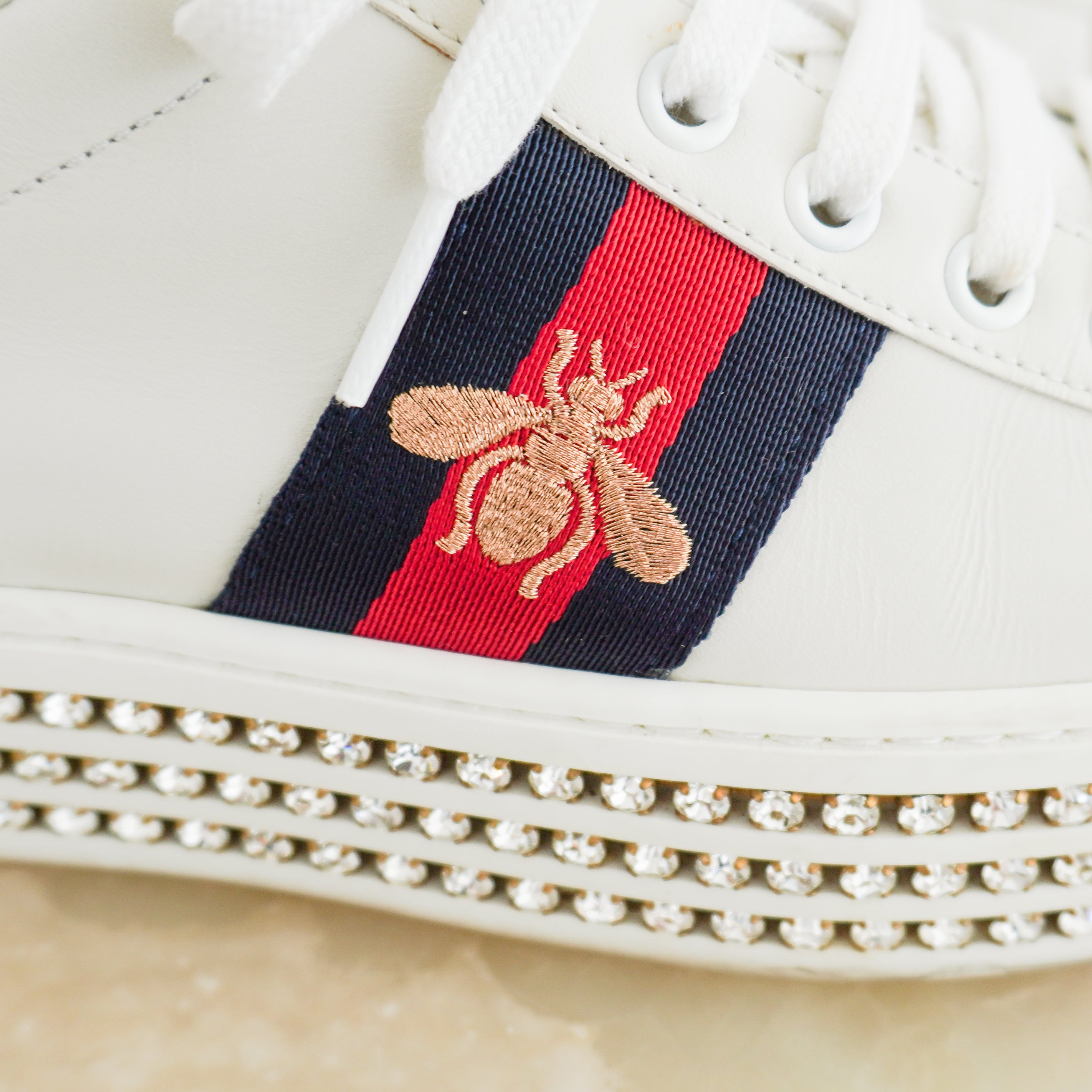 Gucci Ace Crystal Bee Platform Sneakers in White Leather (RRP £700) | Authentic Preloved