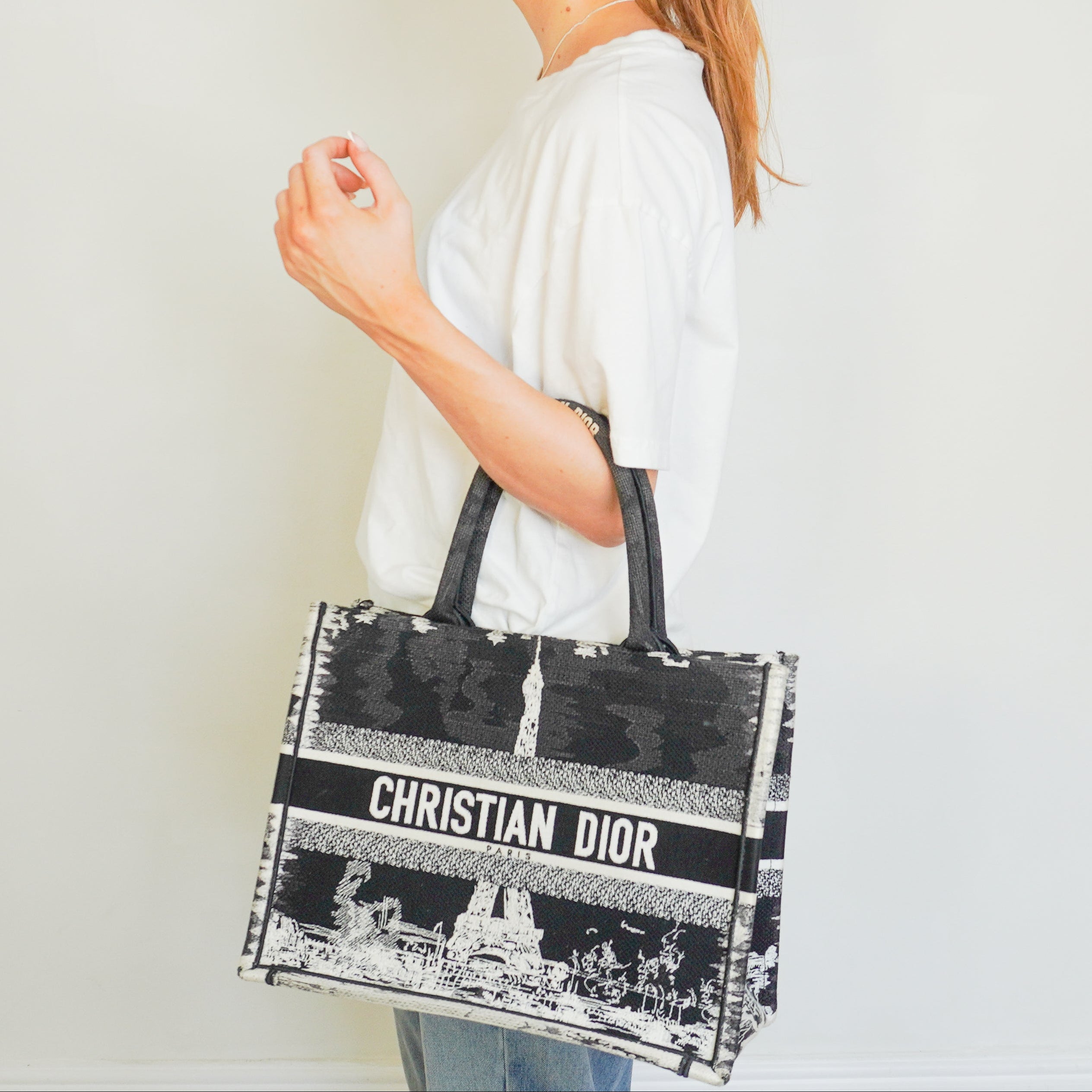 Dior Paris Medium Book Tote in Black & White Embroidery (RRP £2500) | Authentic Preloved