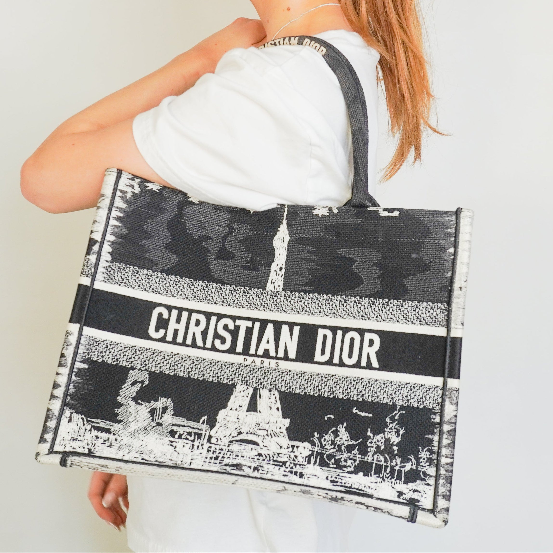 Dior Paris Medium Book Tote in Black & White Embroidery (RRP £2500) | Authentic Preloved