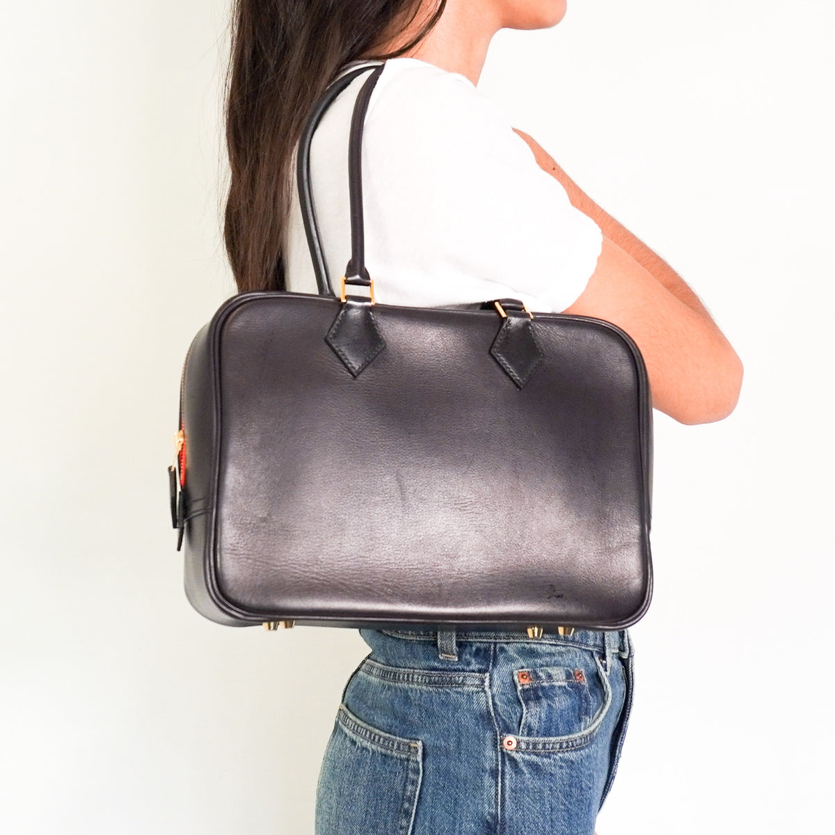 Hermes Plume 28 Bag in Calfskin Black Leather Yellow Gold Plate (RRP £7740)| Authentic Preloved