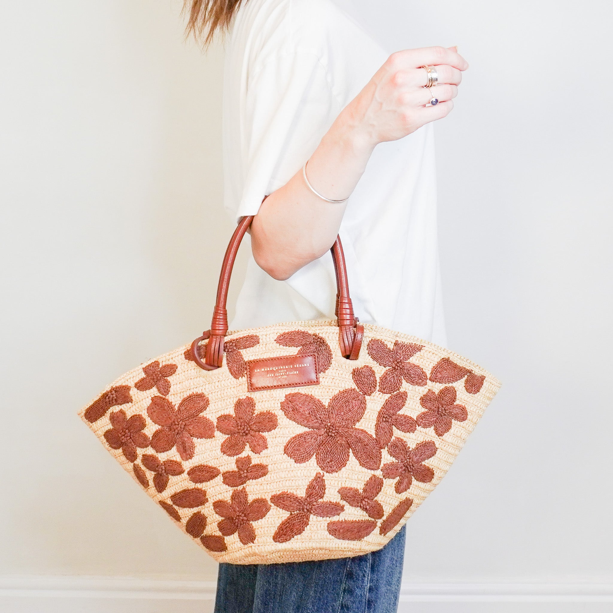 Sezane Justie Raffia Bag with Chocolate Embroidered Flowers (RRP £240) | Authentic Preloved