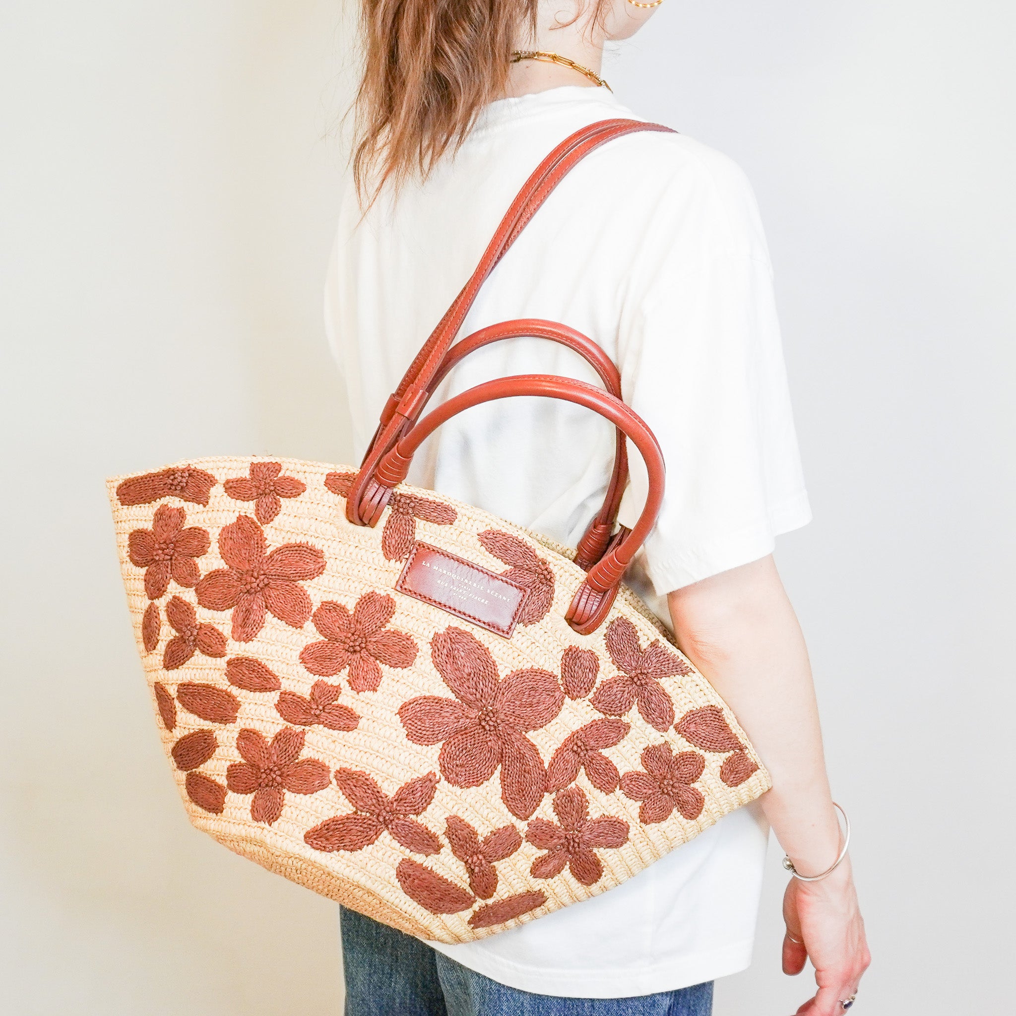 Sezane Justie Raffia Bag with Chocolate Embroidered Flowers (RRP £240) | Authentic Preloved